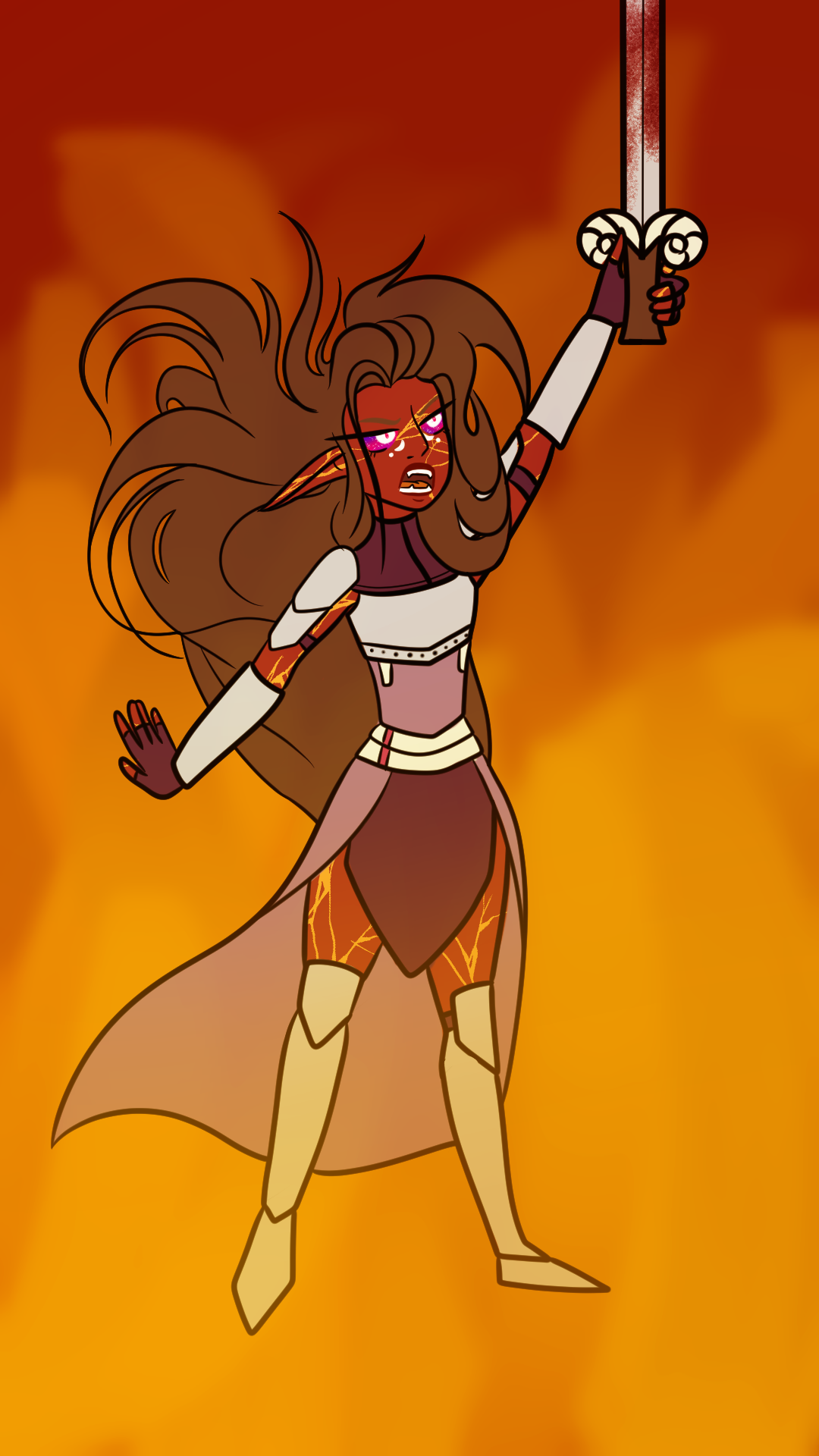 Fantasy character illustration of a warrior with glowing lava-like markings, pointed ears and flowing brown hair, raising a bloodstained sword against a fiery background.