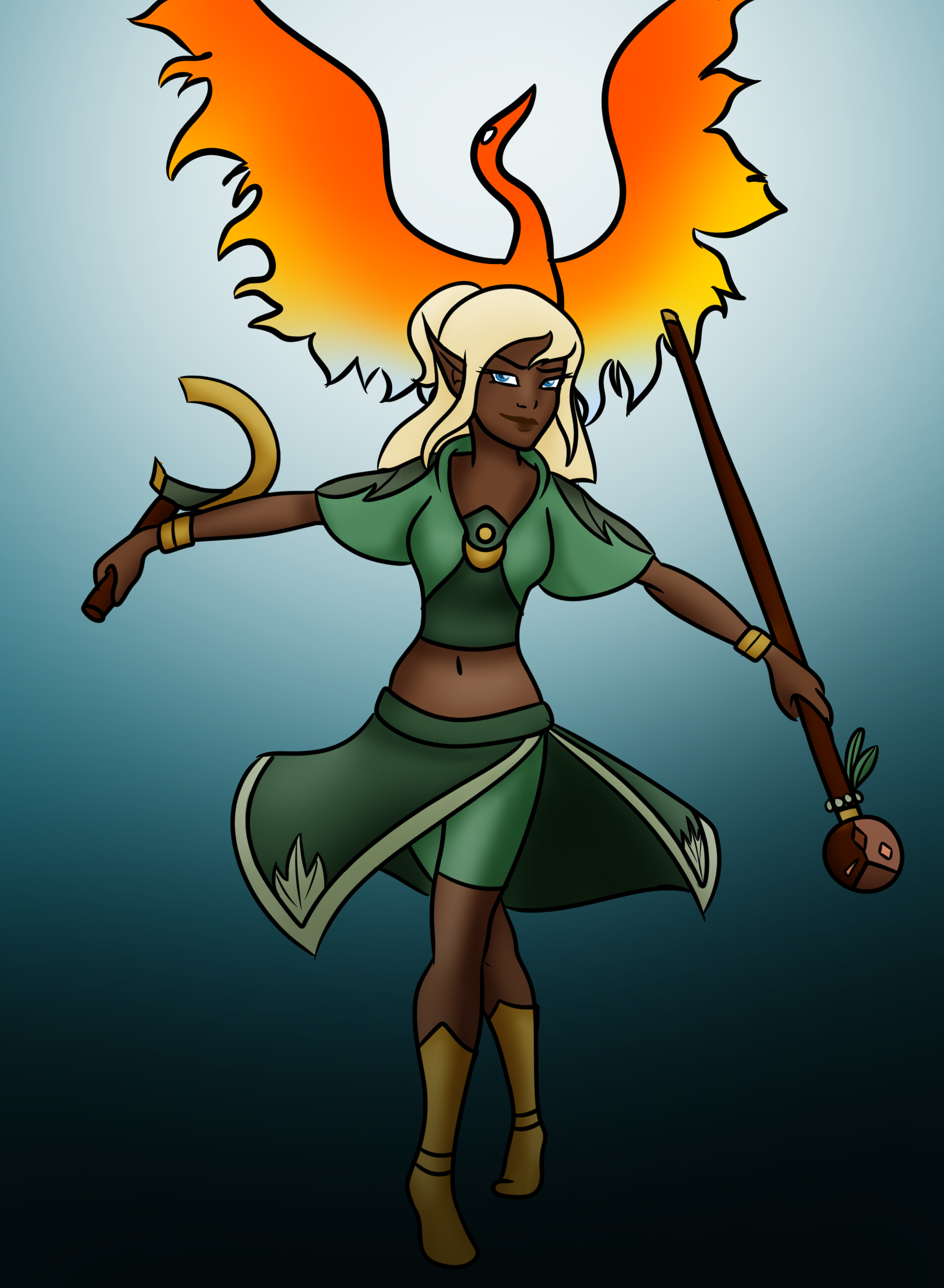 Fantasy character illustration of a dark-skinned elf with blonde hair, standing before a phoenix with outstretched wings while holding a staff and a crescent-shaped weapon.
