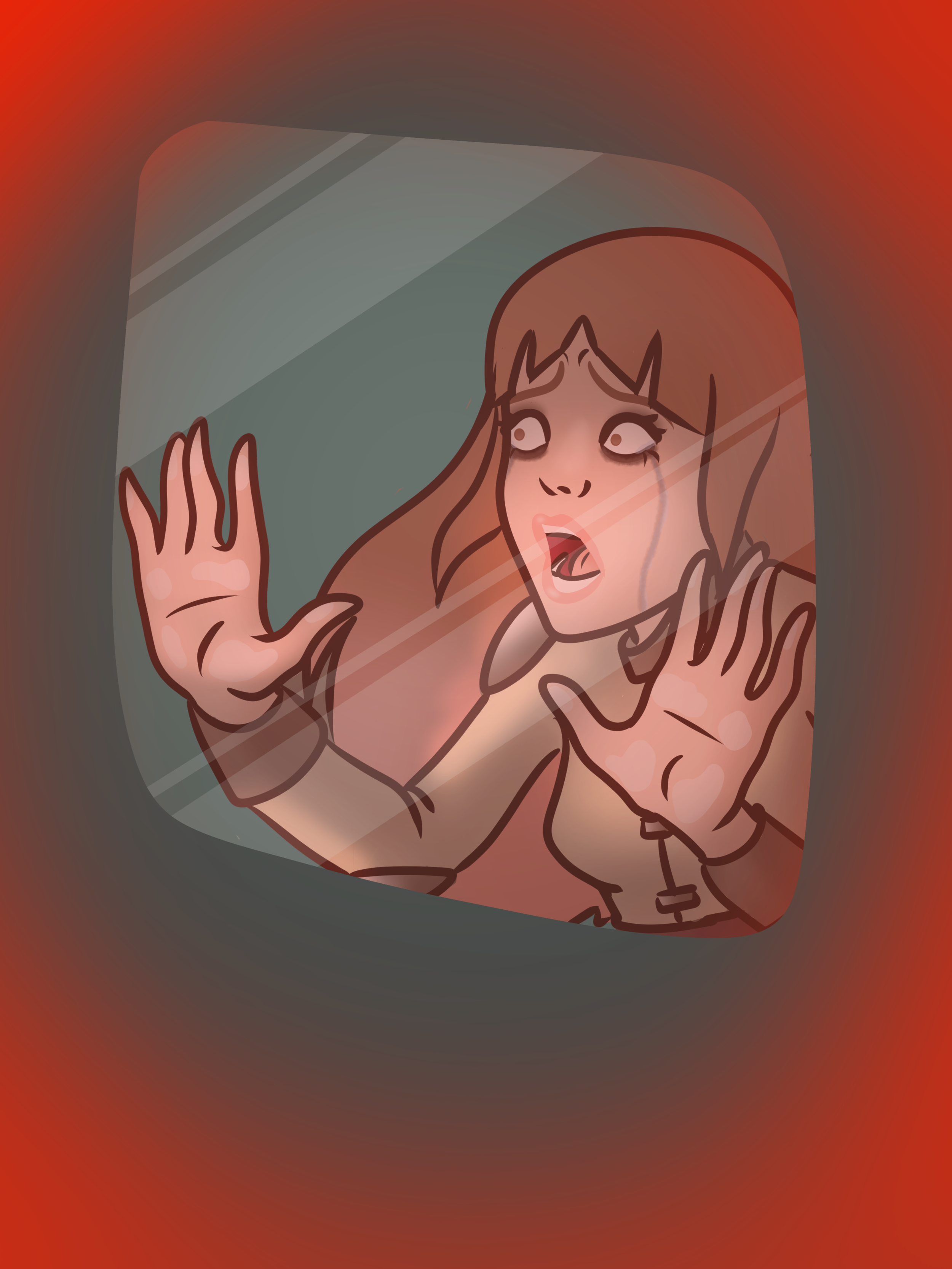 Illustration of a distressed young woman seen through a window, pressing her hands against the glass with tears running down her face.
