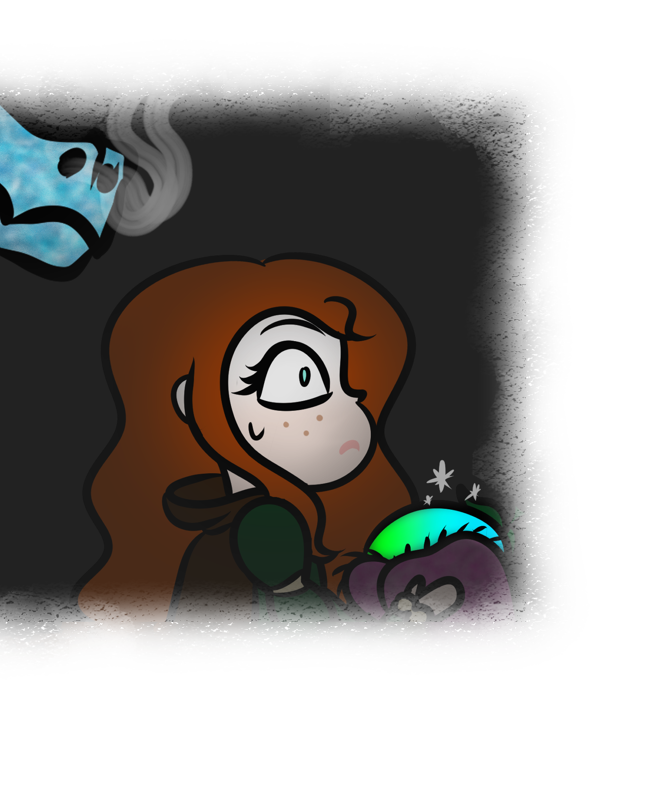 Illustration of a frightened red-haired girl glancing nervously over her shoulder while clutching a glowing green berry, as a blue dragon face emerges from the darkness behind her.