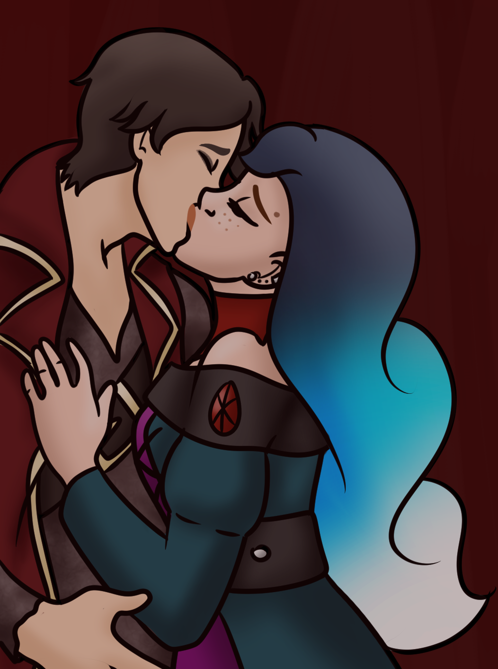 Illustration of a young woman with long blue ombré hair kissing a young man in formal clothing against a deep red background.