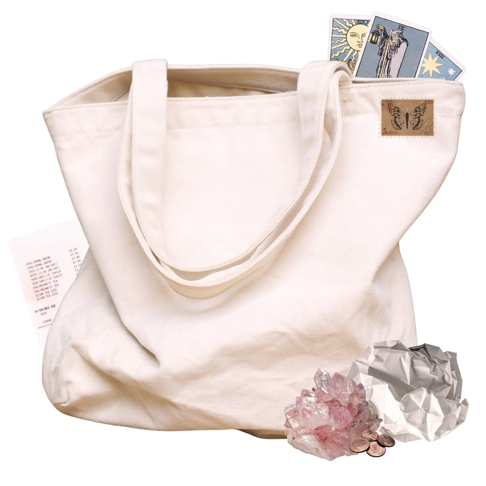 Illustrated logo for bottom of my bag, featuring a cream canvas tote bag filled with tarot cards, a bookmark and everyday objects, with pink crystals, coins and crumpled paper beside it.