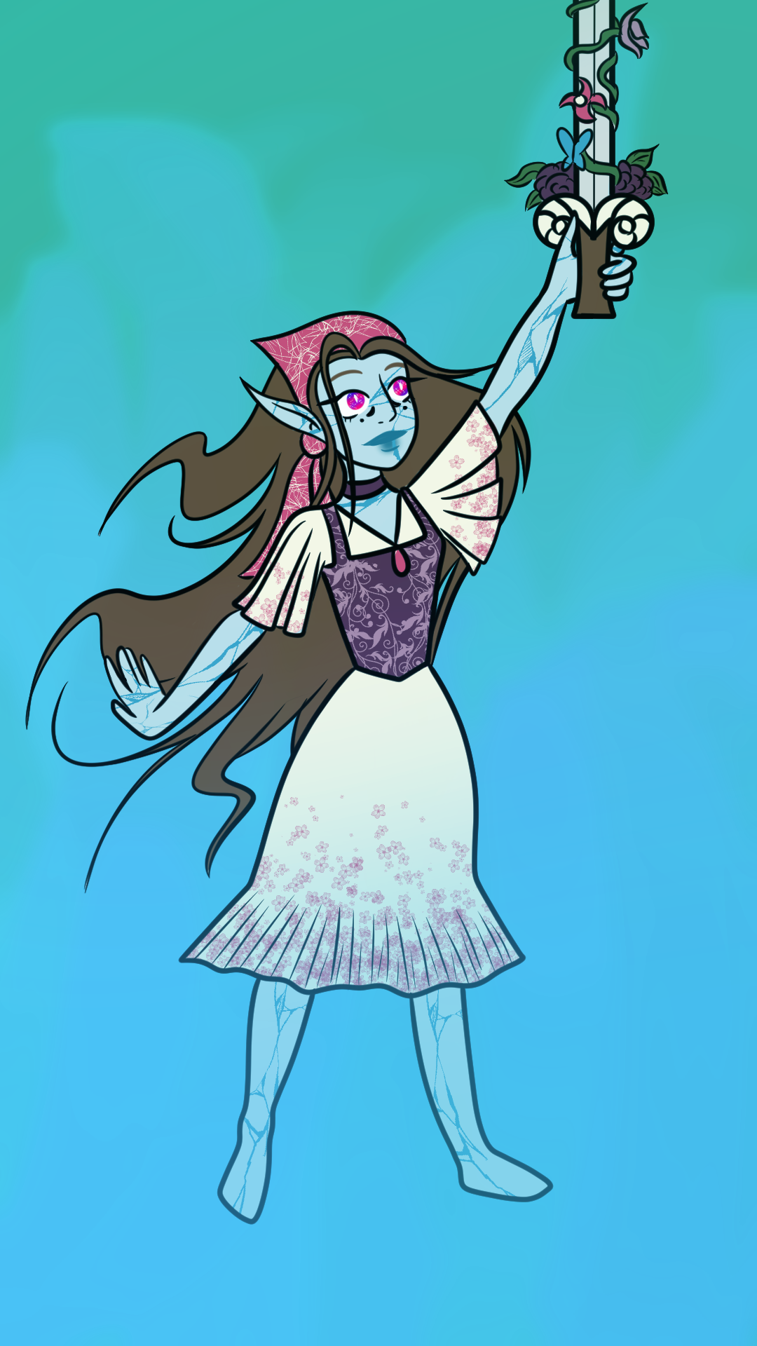 Fantasy character illustration of a blue-skinned warrior with pointed ears, long brown hair and a floral-patterned dress, raising a sword entwined with flowering vines against a blue sky.