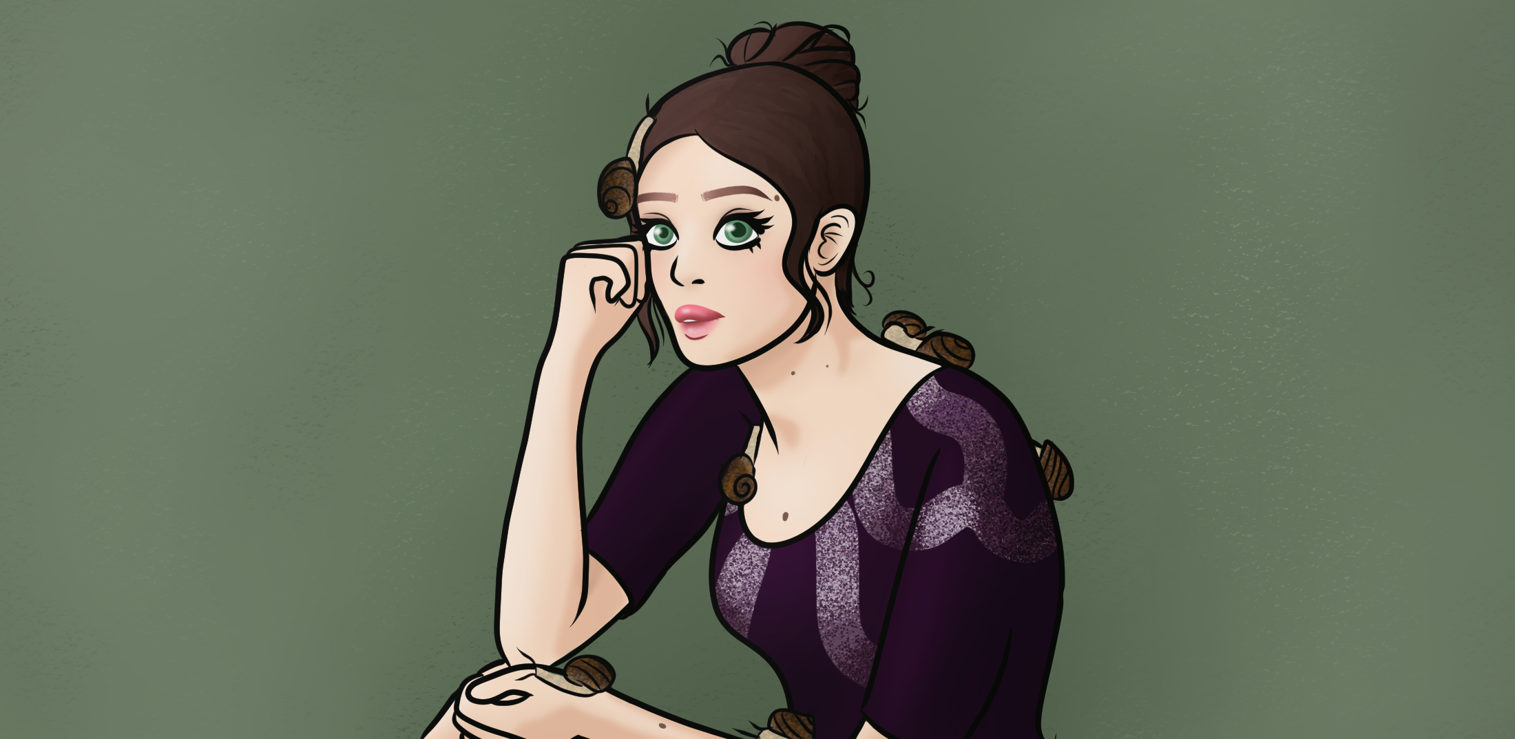 Illustrated portrait of French singer Pomme with brown hair in a bun, green eyes and a purple top, surrounded by snails.