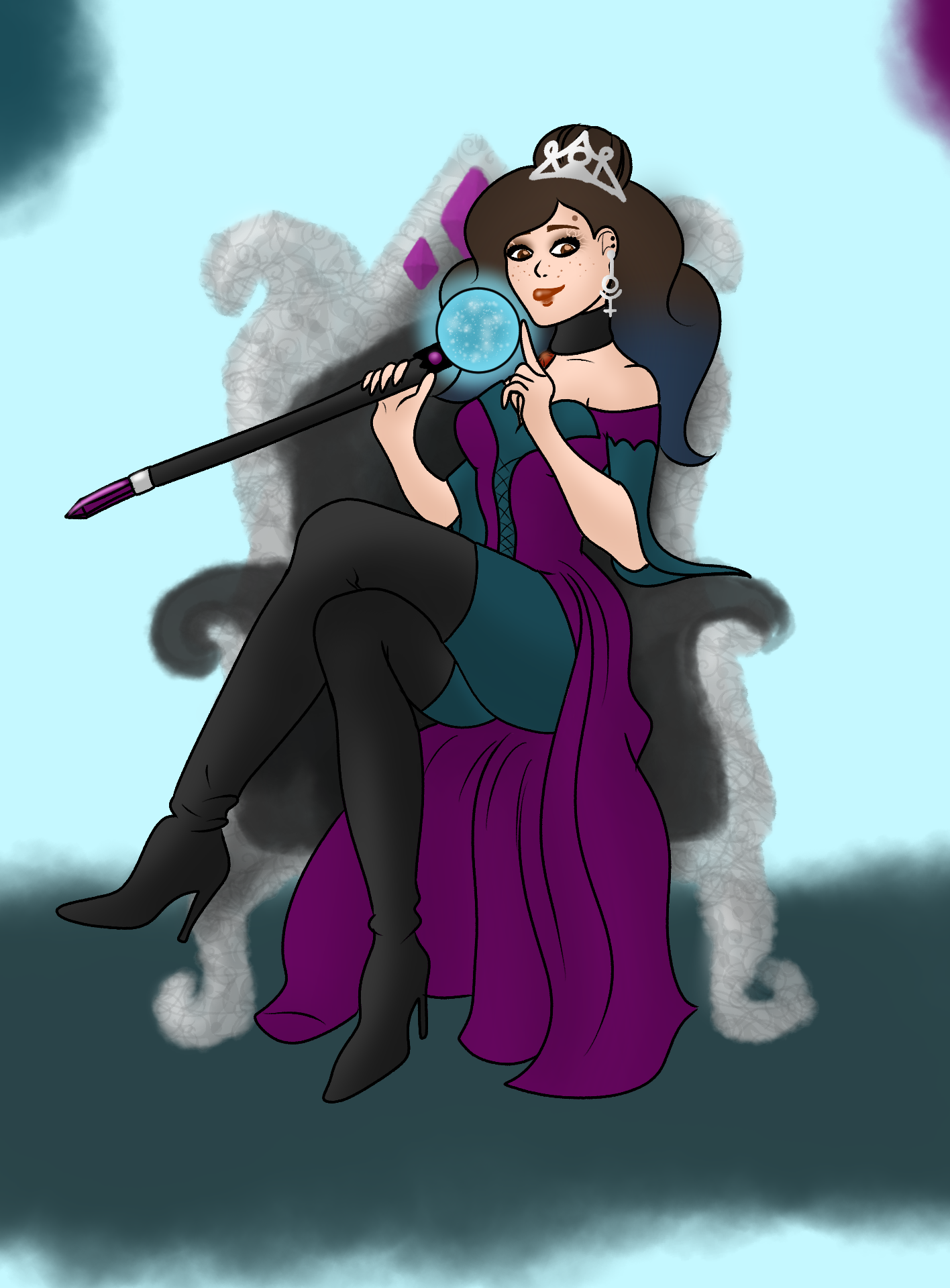 Character portrait of a young woman with long blue ombré hair seated on an ornate throne, wearing a purple gown, tiara and black thigh-high boots while holding a staff topped with a glowing crystal.