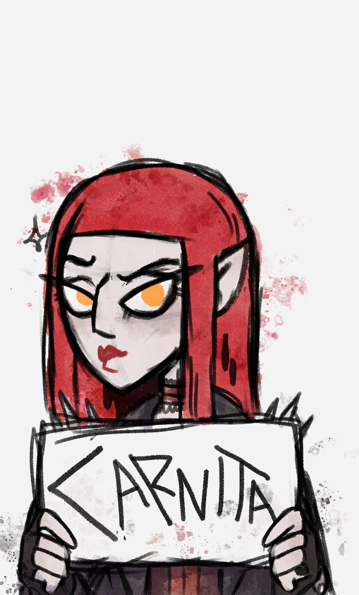 Portrait illustration of Carnita, a vampire with long red hair, pointed ears and glowing orange eyes, holding a name card reading "Carnita".