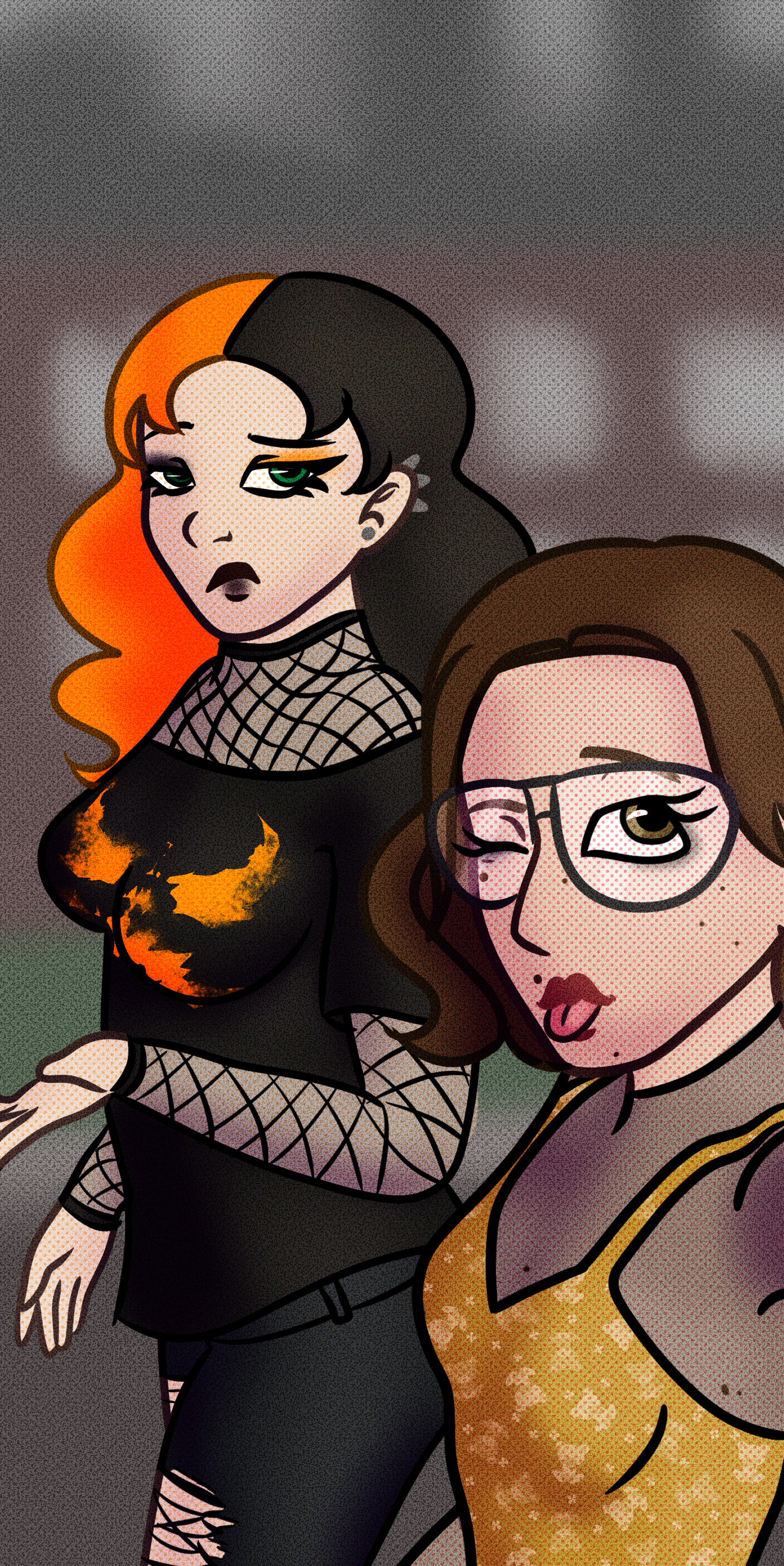 Illustration of two women posing for a selfie, with a brown-haired woman wearing large glasses and a gold flower-patterned top winking at the camera beside a woman with split black-and-orange hair wearing a black outfit and fishnet sleeves, who looks
