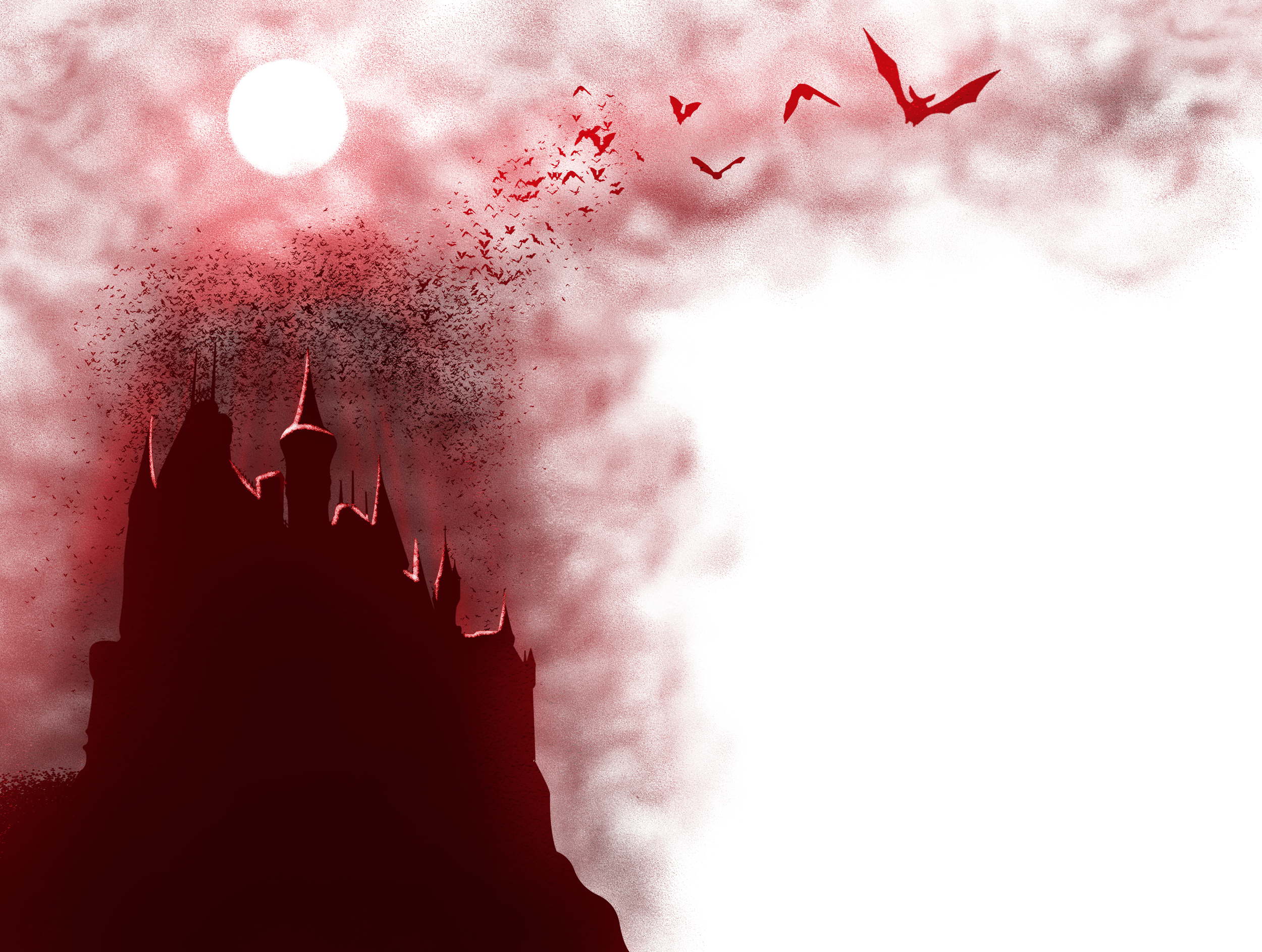 Illustration of the manor from The Vampires of Yeeting Hill, silhouetted against a crimson sky beneath a full moon, with thousands of bats swirling overhead as the building dissolves into the flock.