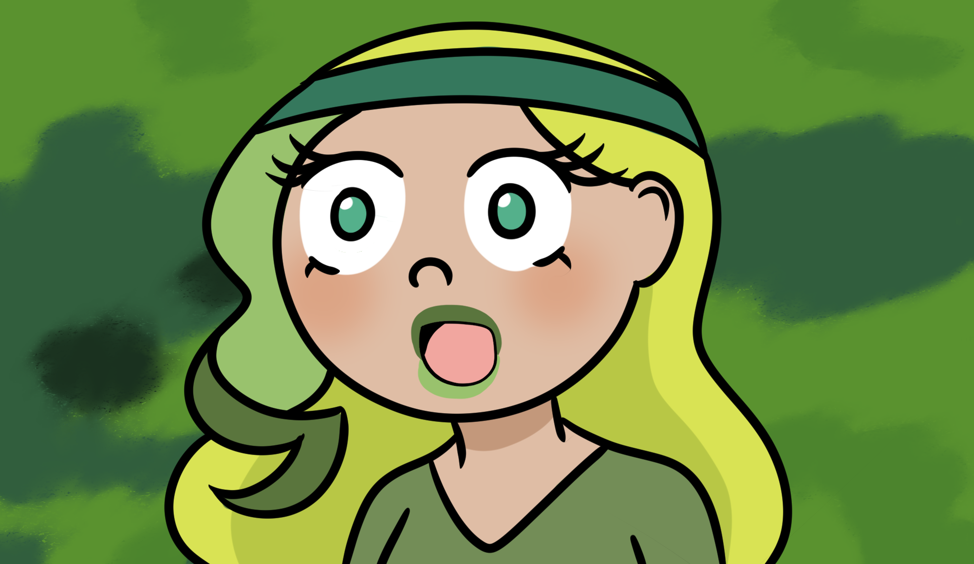 Illustration of the official INFP character in the artist's style, shown with a surprised expression against a green background.