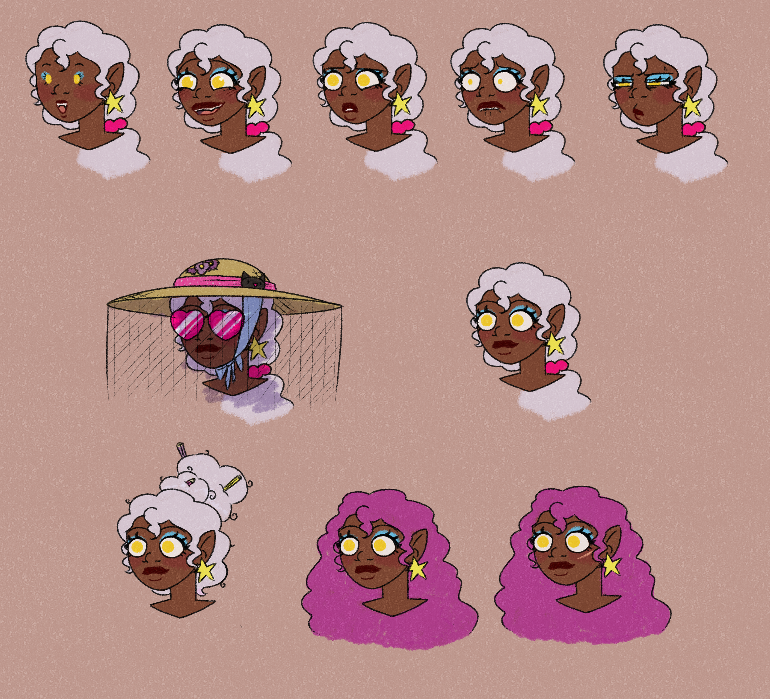 Character expression sheet for Salem from The Vampires of Yeeting Hill, showing a range of facial expressions, alternative hairstyles and accessory designs