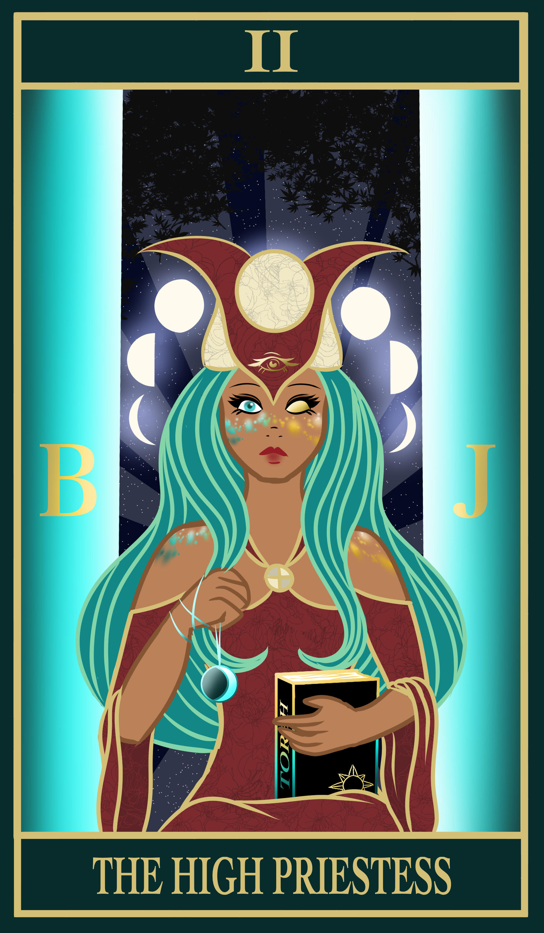 Tarot card illustration of The High Priestess, depicting a woman with long turquoise hair wearing a red ceremonial headdress and robes, holding a pendulum and a book beneath the phases of the moon.