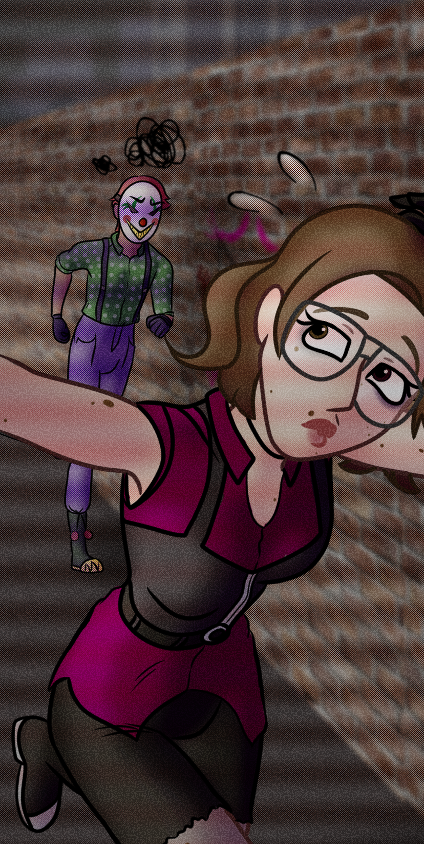 Illustration of a frightened woman running through an alley while being chased by a clown.