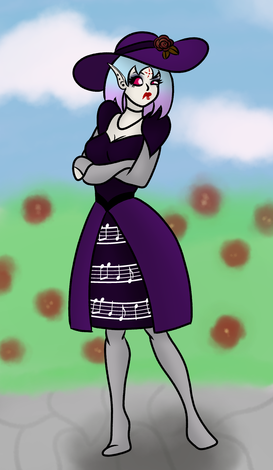Character illustration of a pale vampire with short blue-purple hair, pointed ears and glowing pink eyes, wearing a wide-brimmed purple hat and matching dress with a skirt patterned with musical notes, standing with folded arms and an unimpressed exp