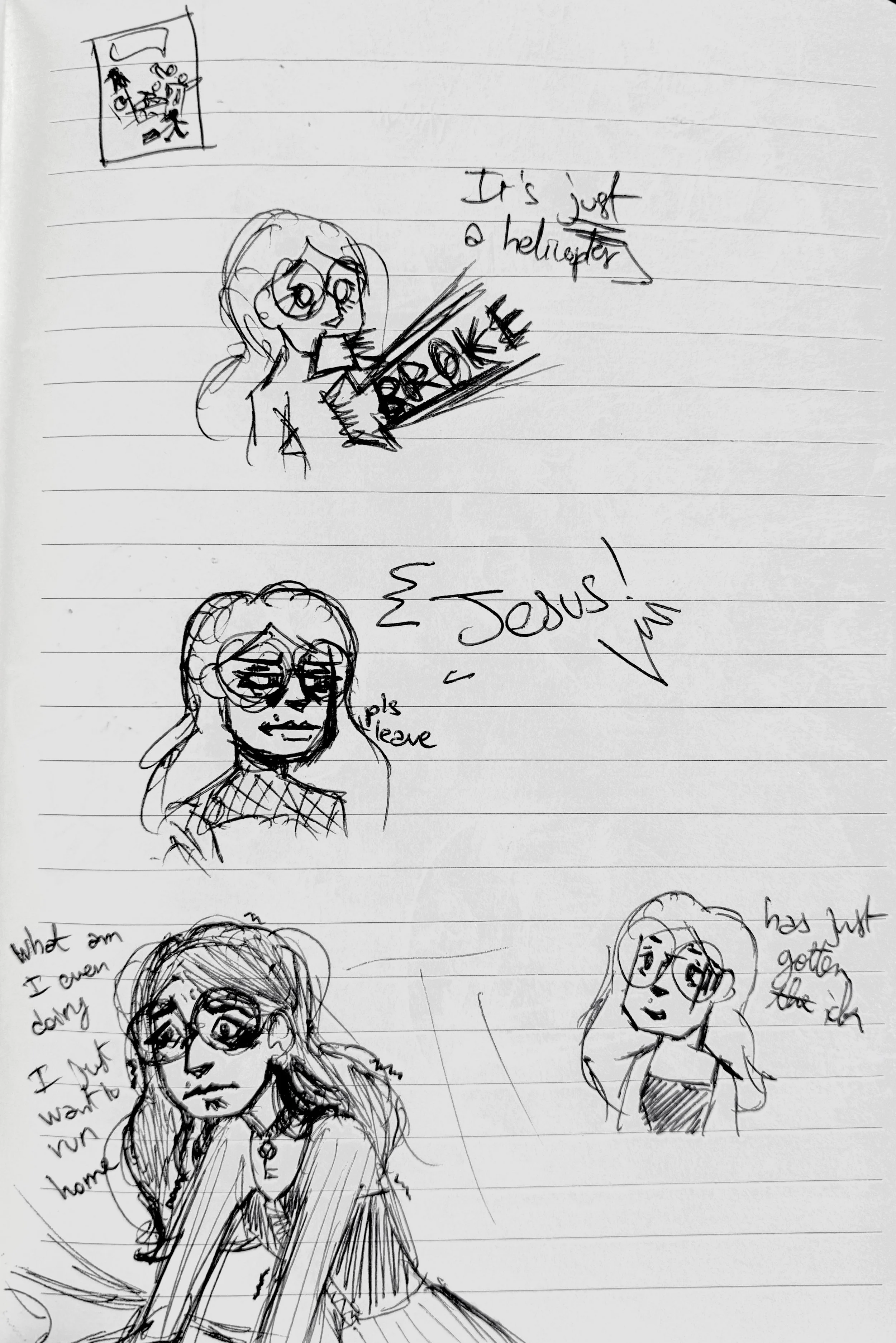 Sketchbook page featuring expressive character sketches of a young woman, showing a range of facial expressions, poses and rough concept drawings.
