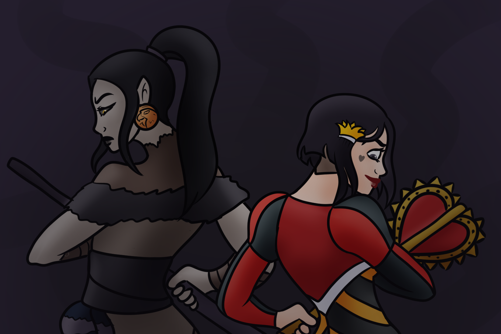 Illustration of two women standing back to back one dressed in dark clothing with a sword and the other in a red royal outfit holding a heart-shaped weapon.