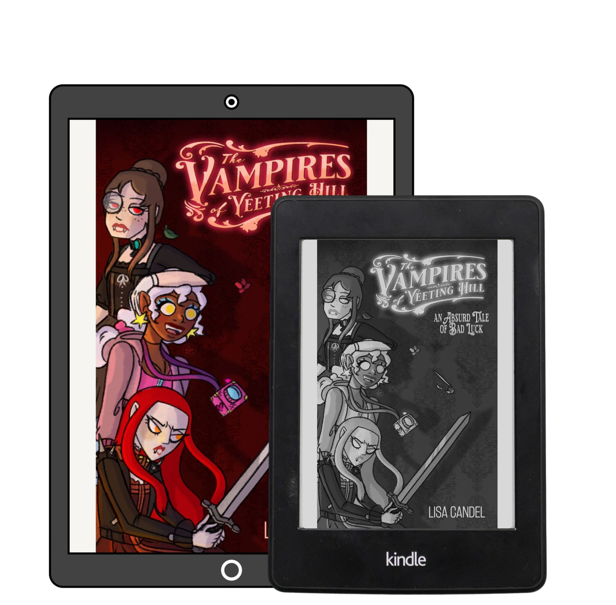 Mockup showing The Vampires of Yeeting Hill displayed on a tablet in colour and on a Kindle in greyscale.