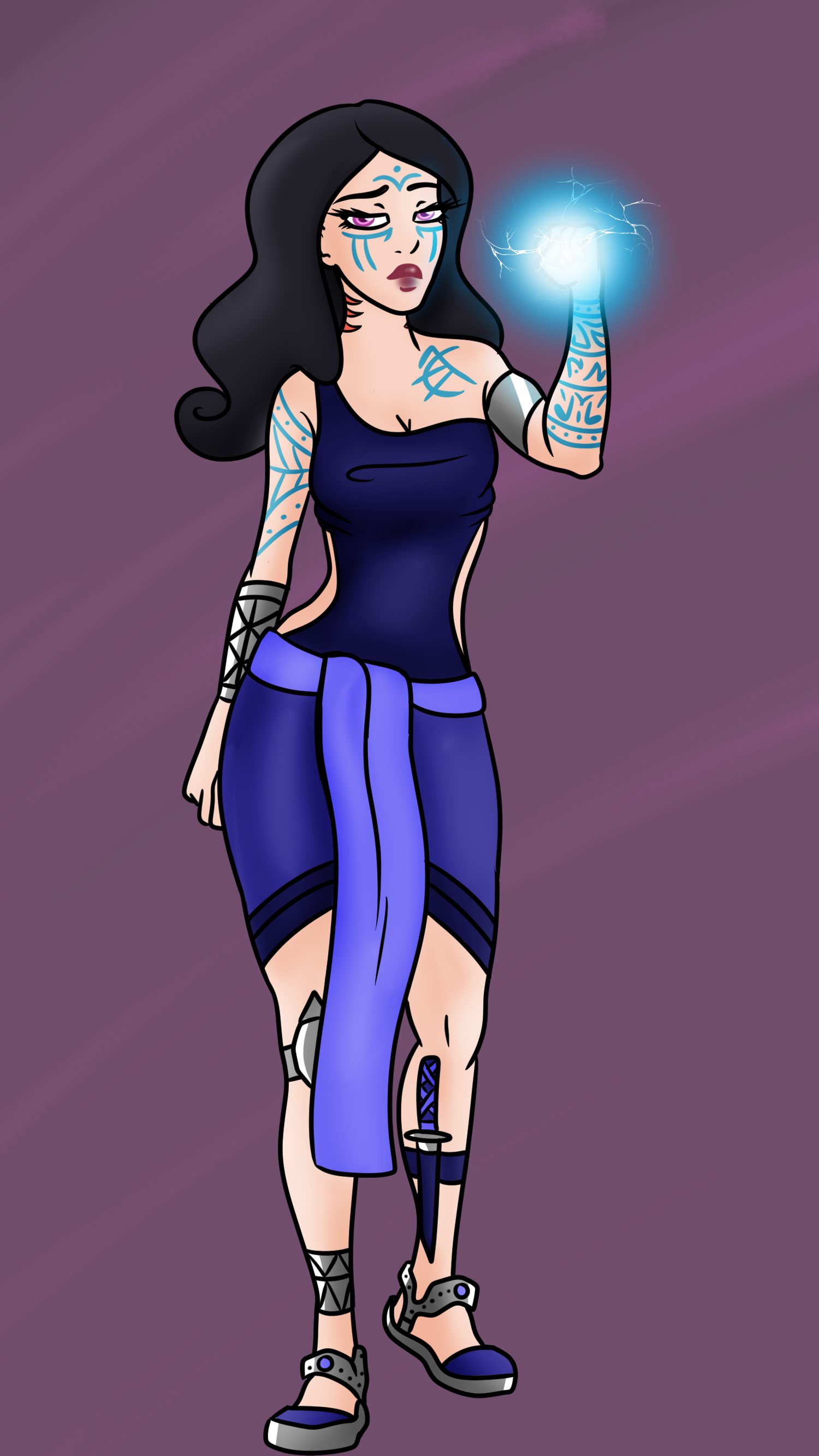 Fantasy character illustration of a woman with black hair, glowing blue tattoos and silver arm bands, conjuring a ball of blue magical energy.