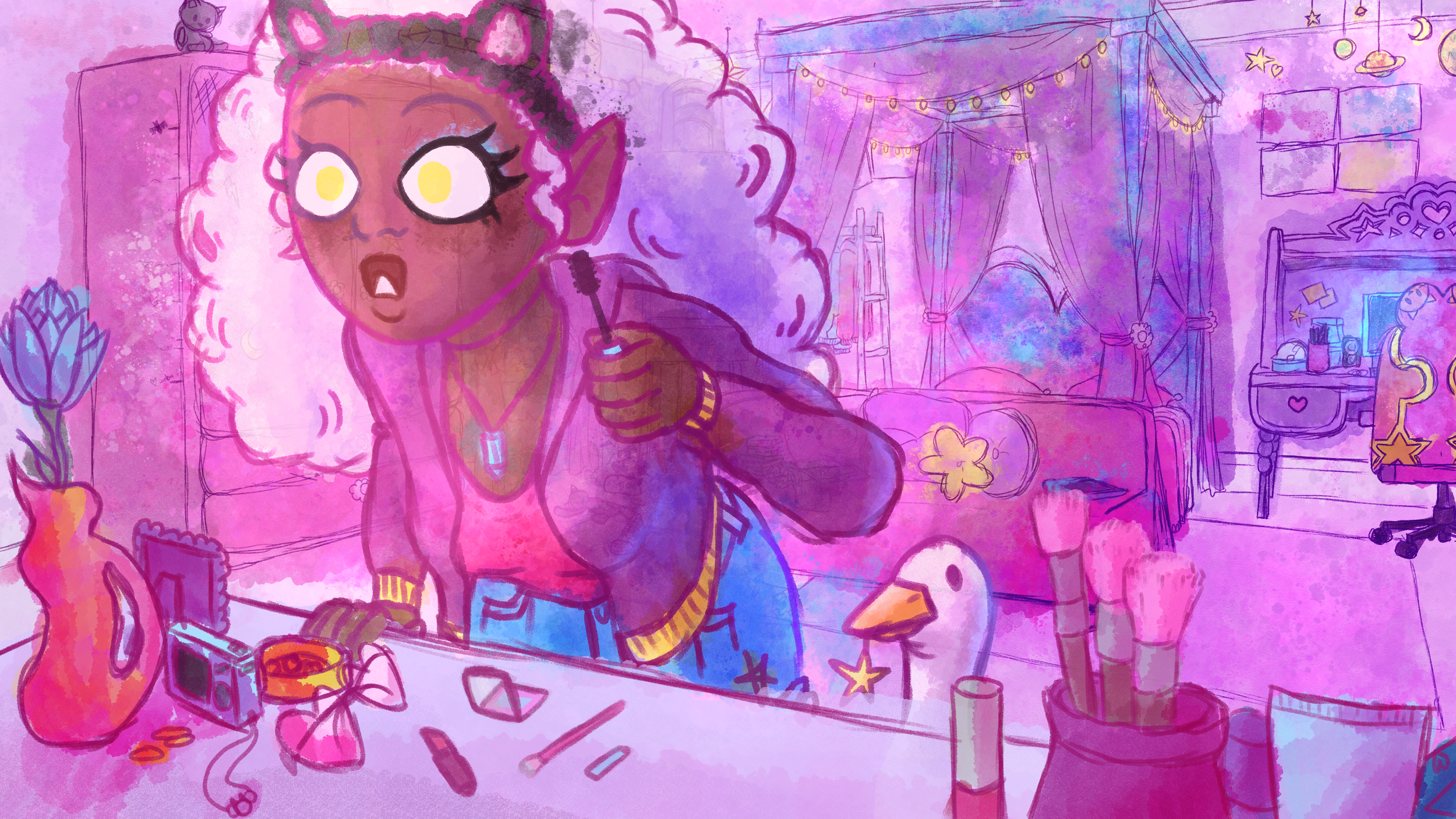 Illustration of Salem looking surprised at a dressing table in a colourful bedroom, holding a mascara wand while surrounded by makeup, art supplies and whimsical decorations.