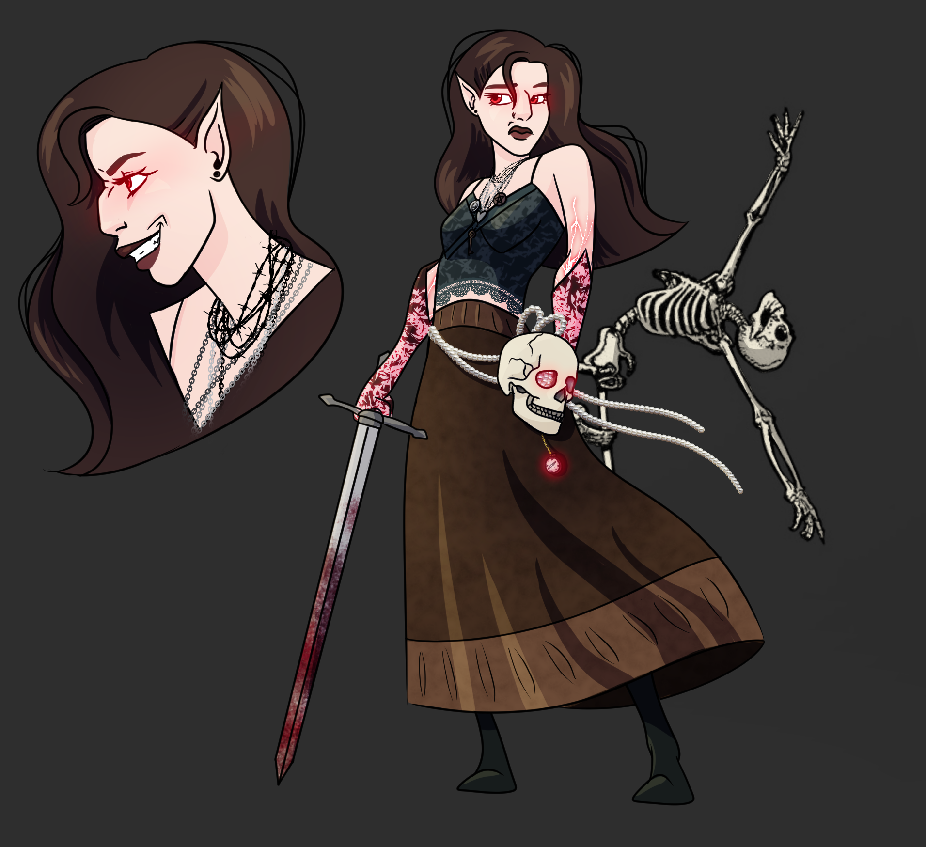 Character reference illustration of a woman with long brown hair, glowing red eyes and gothic clothing, shown with a portrait, a full-body design and a bloodstained sword.