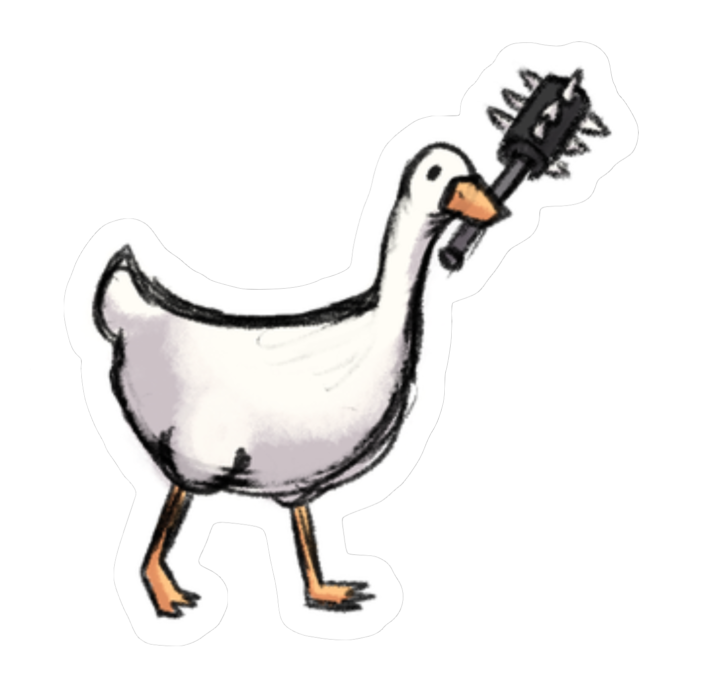 Sticker illustration of a white goose carrying a spiked bat in its beak in a playful cartoon style.
