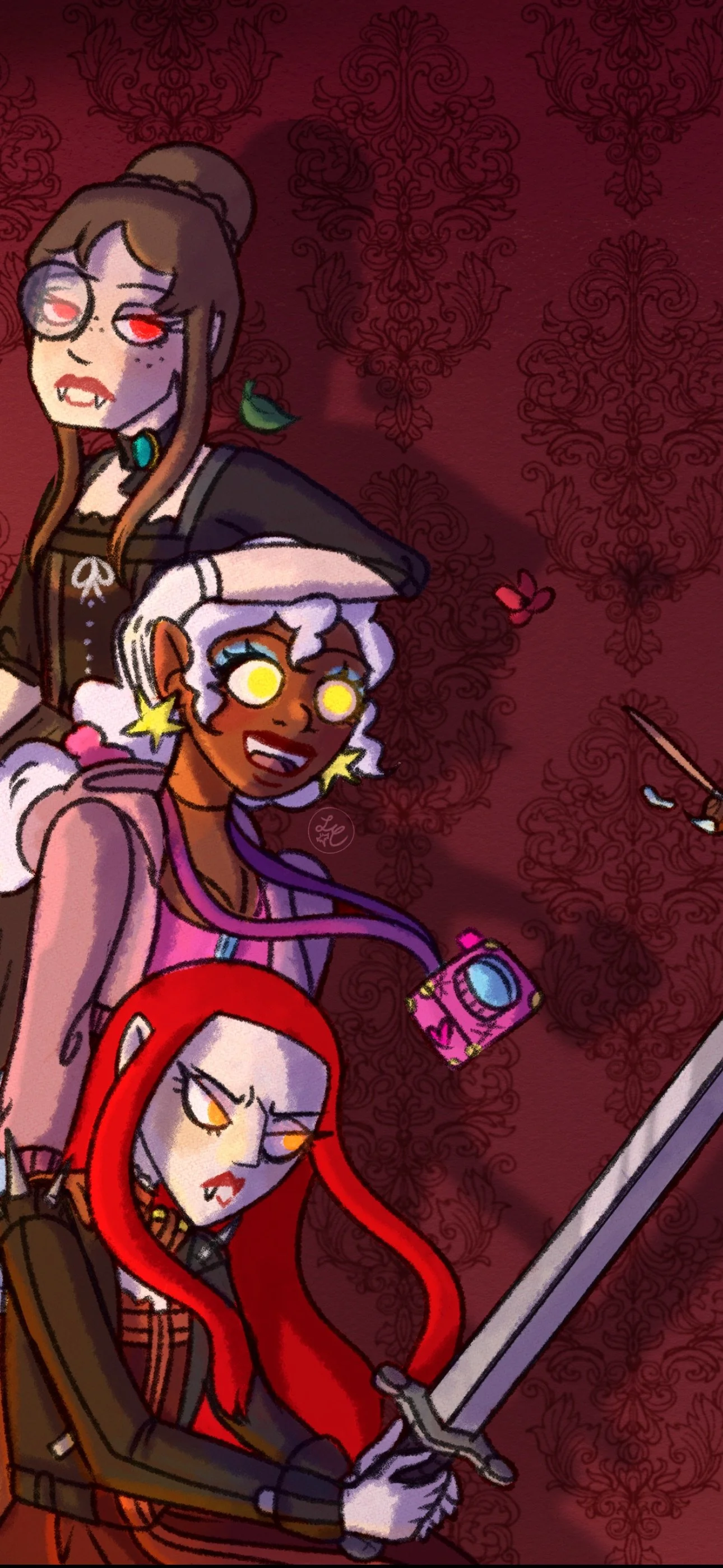 Illustration of the three vampire sisters from The Vampires of Yeeting Hill—Alexa, Carnita and Salem—standing together against a dark red patterned background, with Carnita holding a sword, Salem holding a camera and Alexa standing behind them.