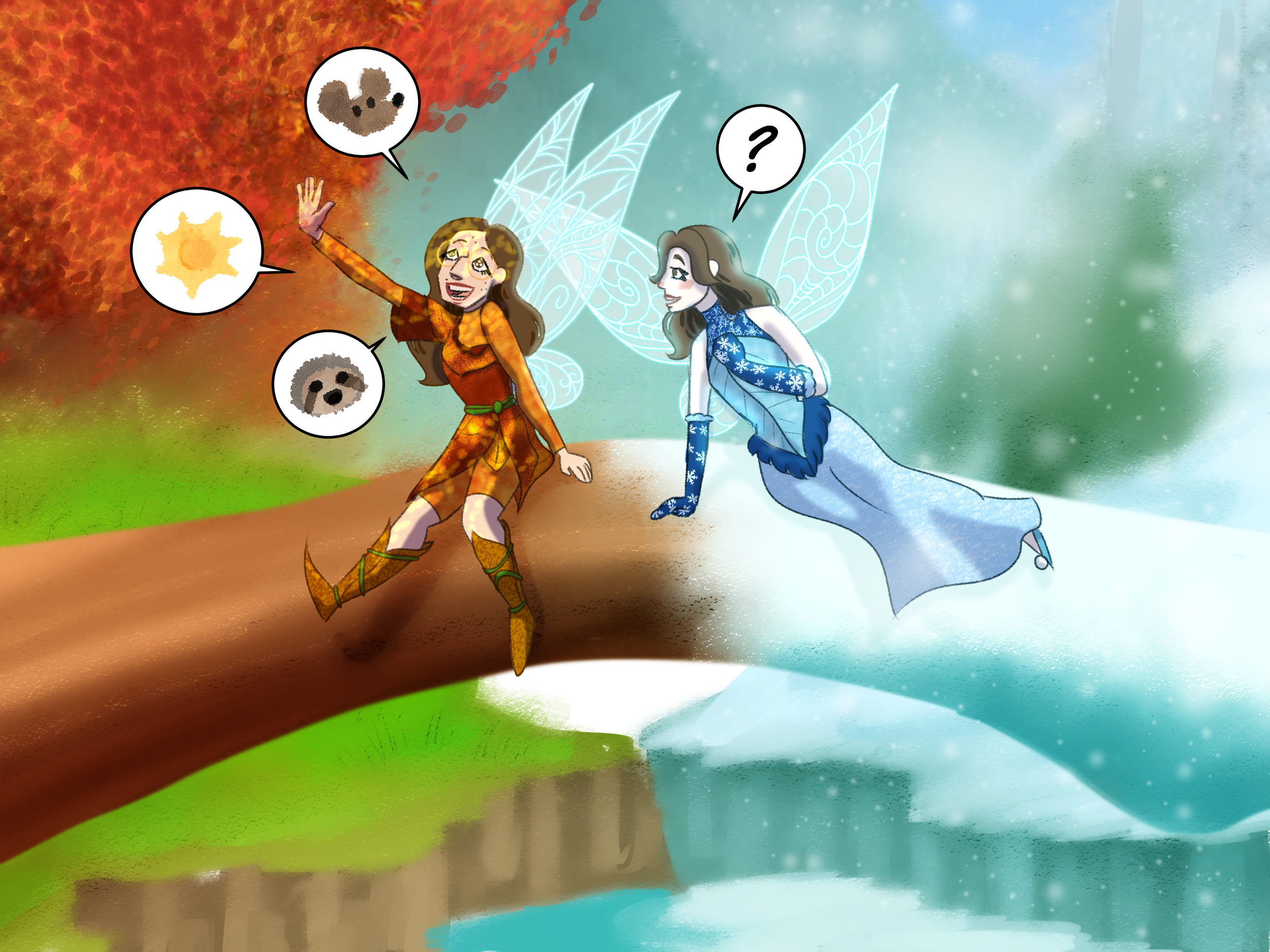Fantasy illustration of two fairies sitting on a tree branch between autumn and winter landscapes, with one fairy gesturing enthusiastically while the other watches with a puzzled expression.