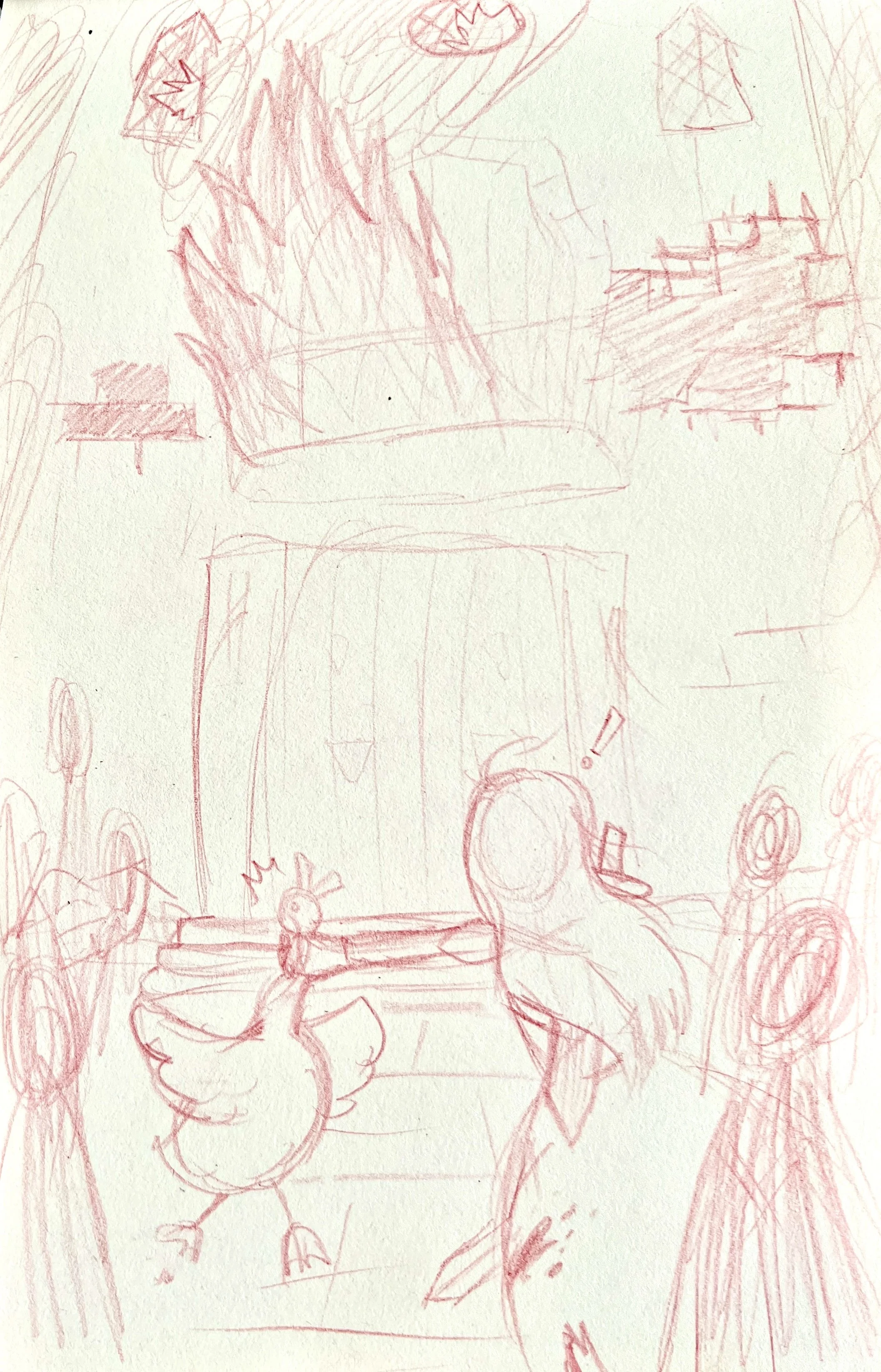 Rough concept sketch for The Vampires of Yeeting Hill, showing characters gathered outside a burning manor during a battle.