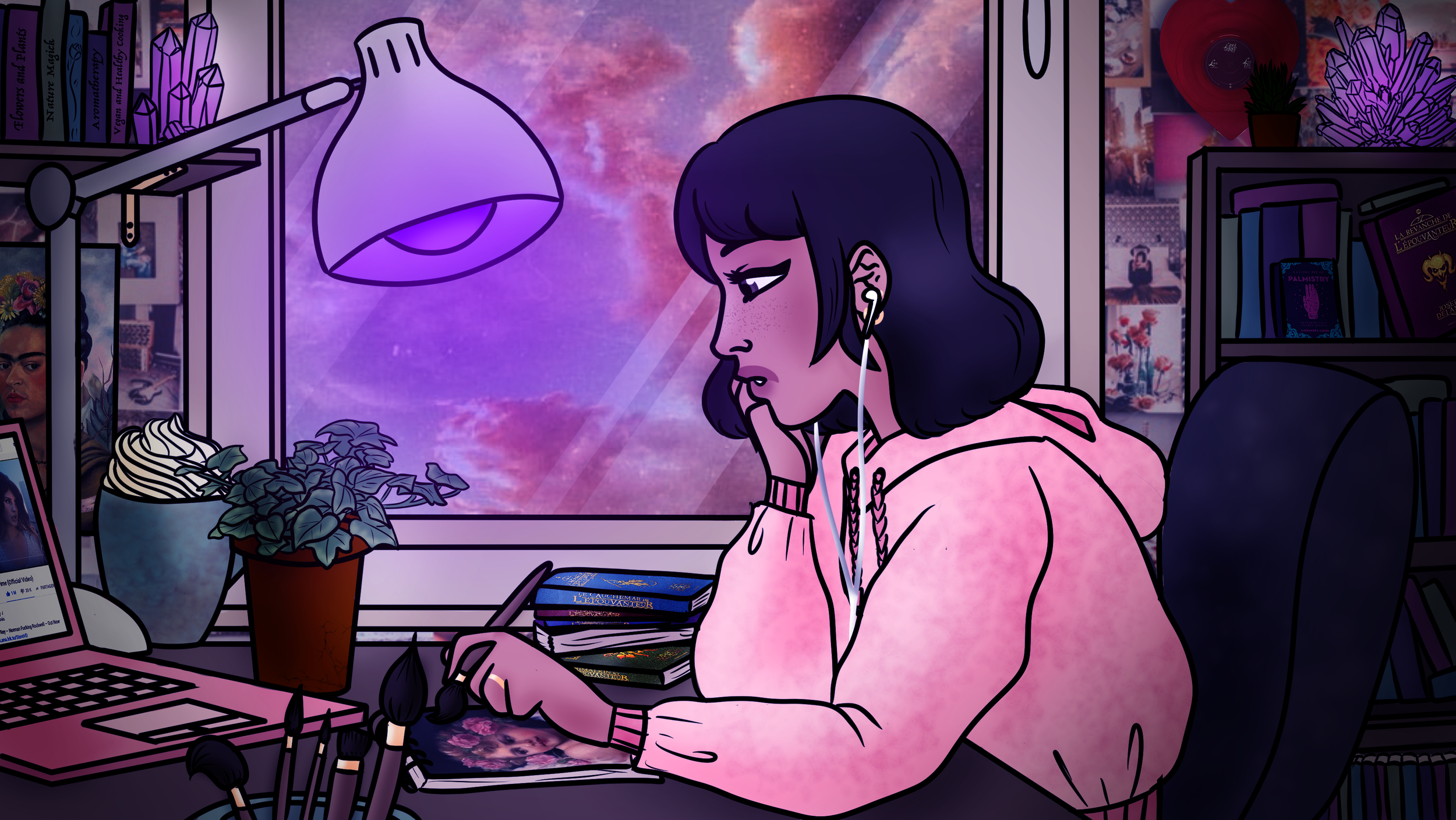 Illustration of a woman in a pink hoodie drawing at her desk by a window overlooking a colourful nebula, surrounded by books, crystals, paintbrushes and houseplants.