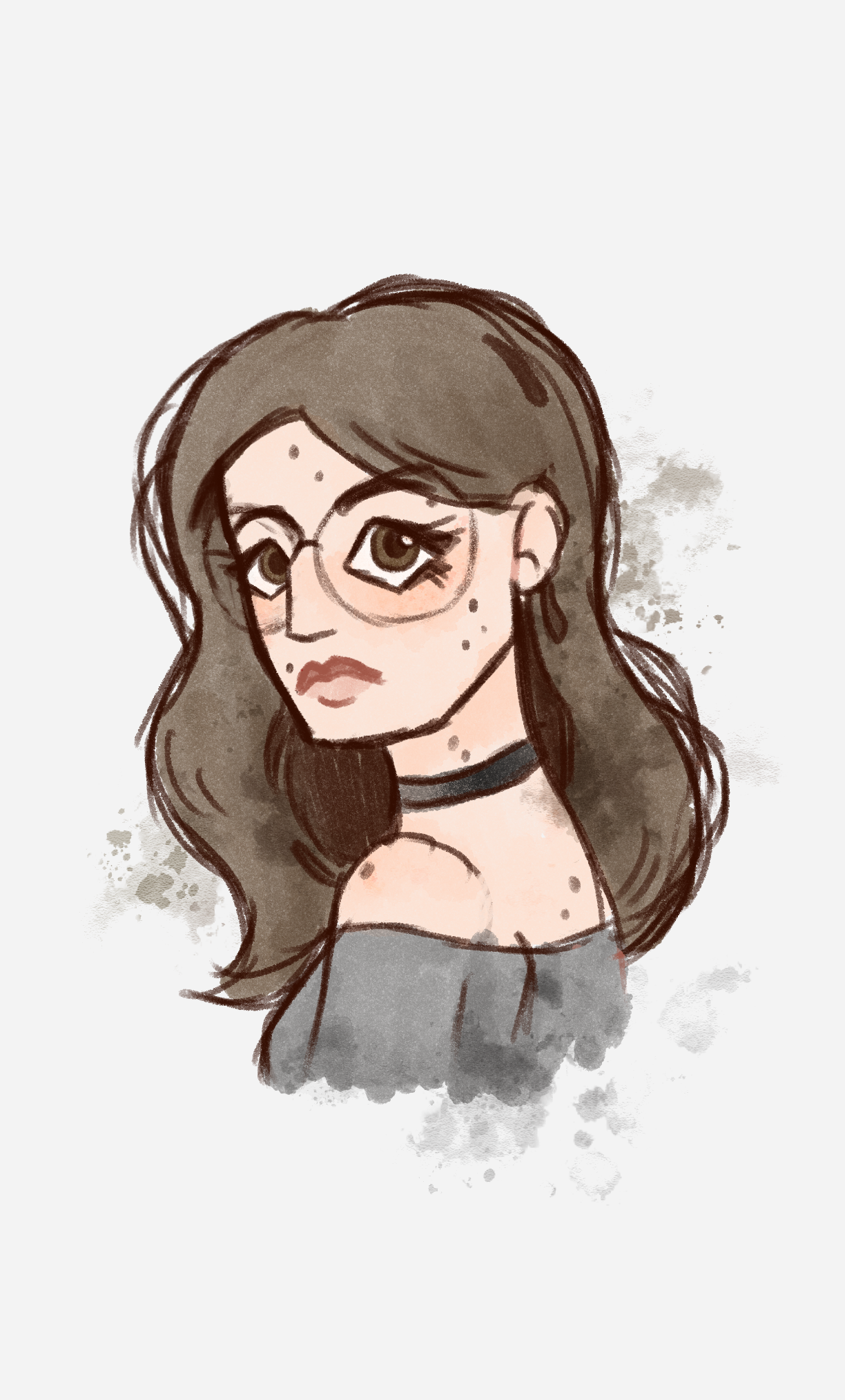 Illustrated self-portrait of author and illustrator Lisa Candel with shoulder-length dark brown hair, round glasses, beauty marks, a black choker and a grey off-the-shoulder top, painted in a soft, sketchbook-inspired style.