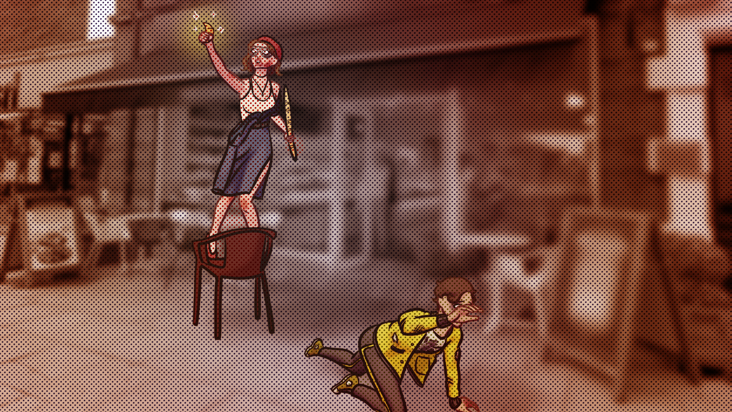 Illustration of a woman standing on a chair and raising a glowing croissant while another person crouches nearby shielding their face.