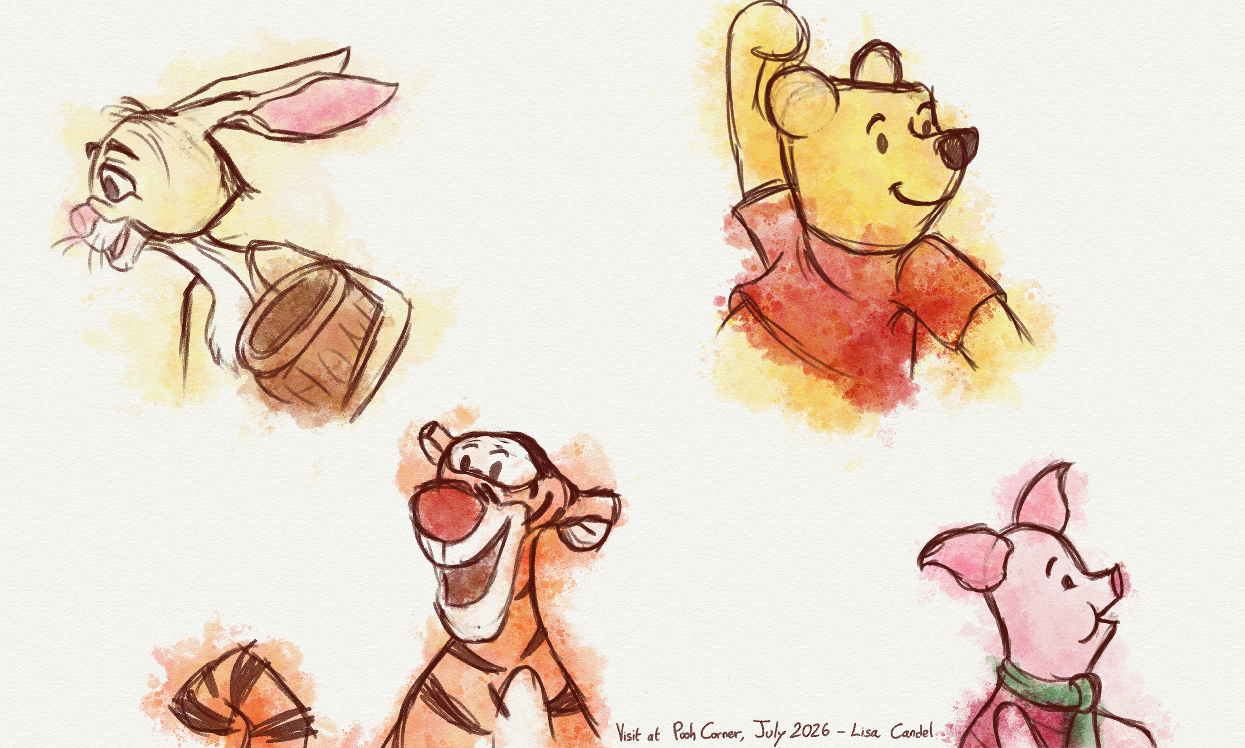 Watercolour-style character sketches of Rabbit, Winnie the Pooh, Tigger and Piglet inspired by Winnie-the-Pooh.