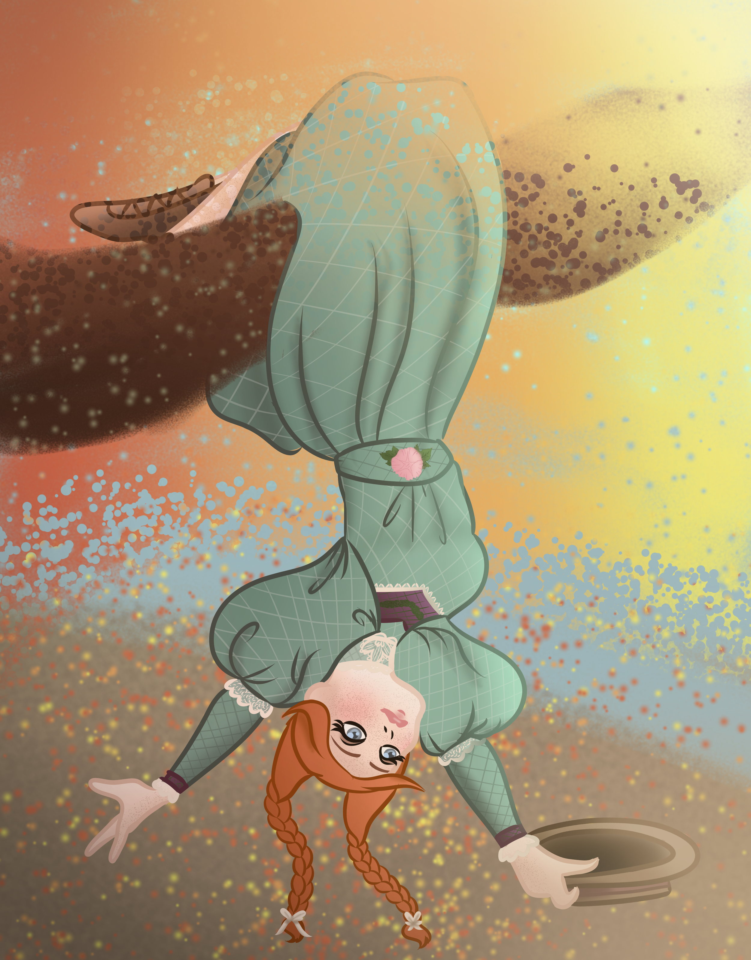 Illustration of Anne of Green Gables hanging upside down from a tree branch, reaching for her hat as it falls against a warm autumn sky.