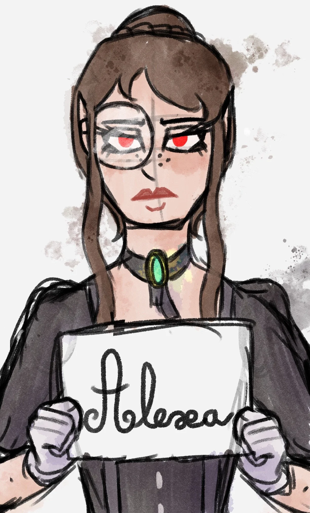 Portrait illustration of Alexa, a vampire with long brown hair, a monocle and glowing red eyes, holding a name card reading "Alexa".