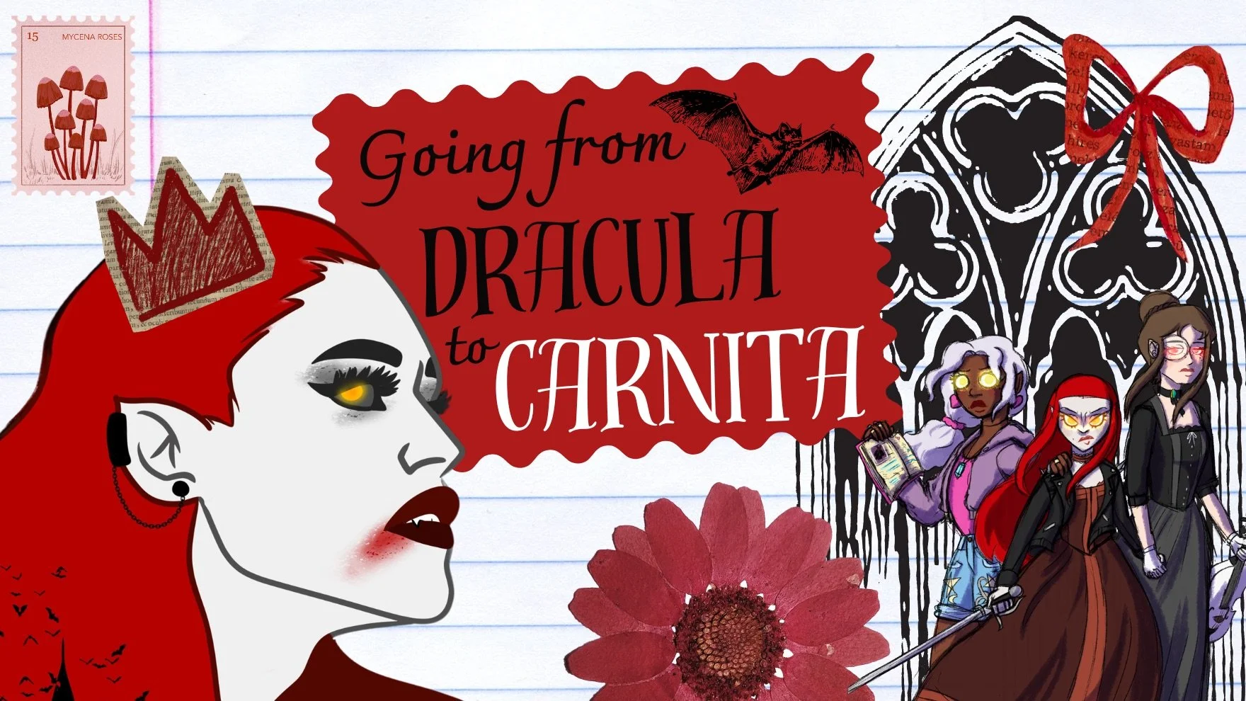 Title card for the article Going from Dracula to Carnita, featuring Carnita's original design alongside her later appearance from The Vampires of Yeeting Hill.