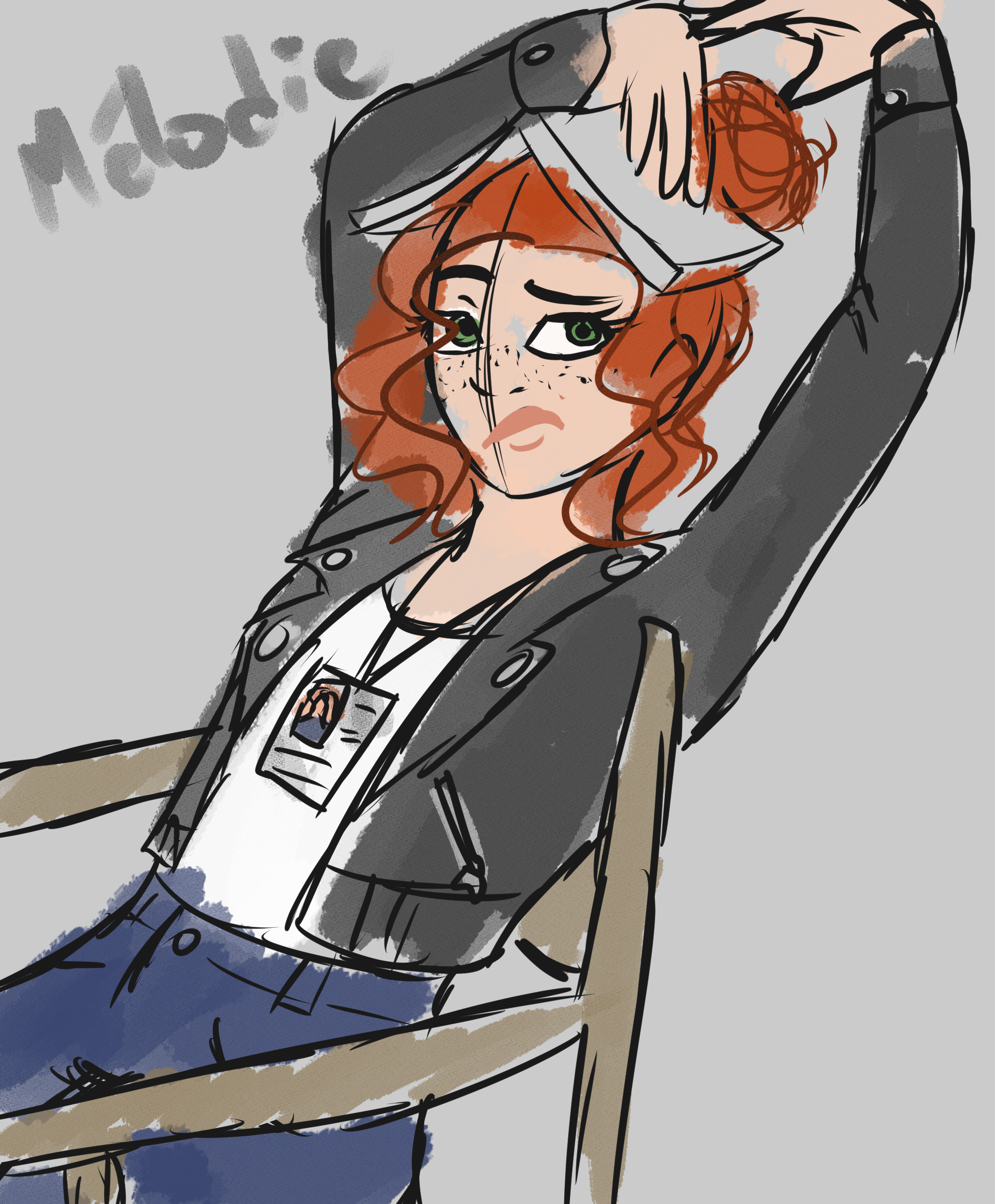 Character sketch of a red-haired woman with freckles lounging in a chair, tying her hair into a messy bun while wearing a leather jacket and an ID badge.