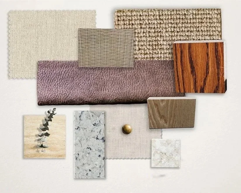 Interior Design Materials Board featuring wood, stone, textiles, and metal finishes for a neutral bedroom.