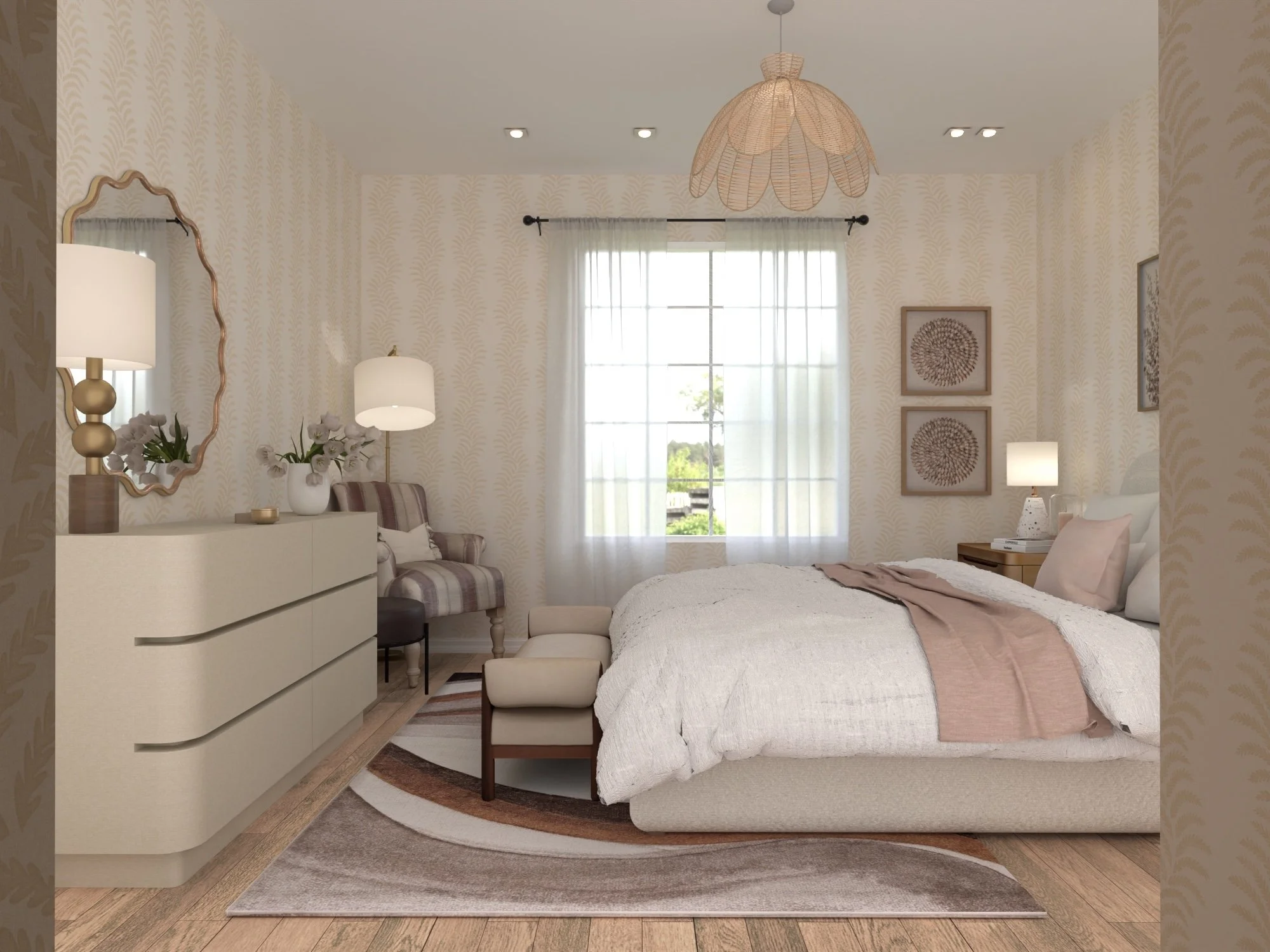 Photorealistic bedroom interior design in neutral tones with upholstered bed, botanical art, and soft natural light.