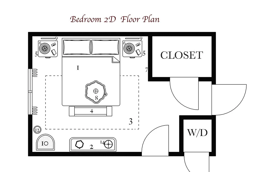 2D bedroom furniture layout showing space planning and key furniture placement.