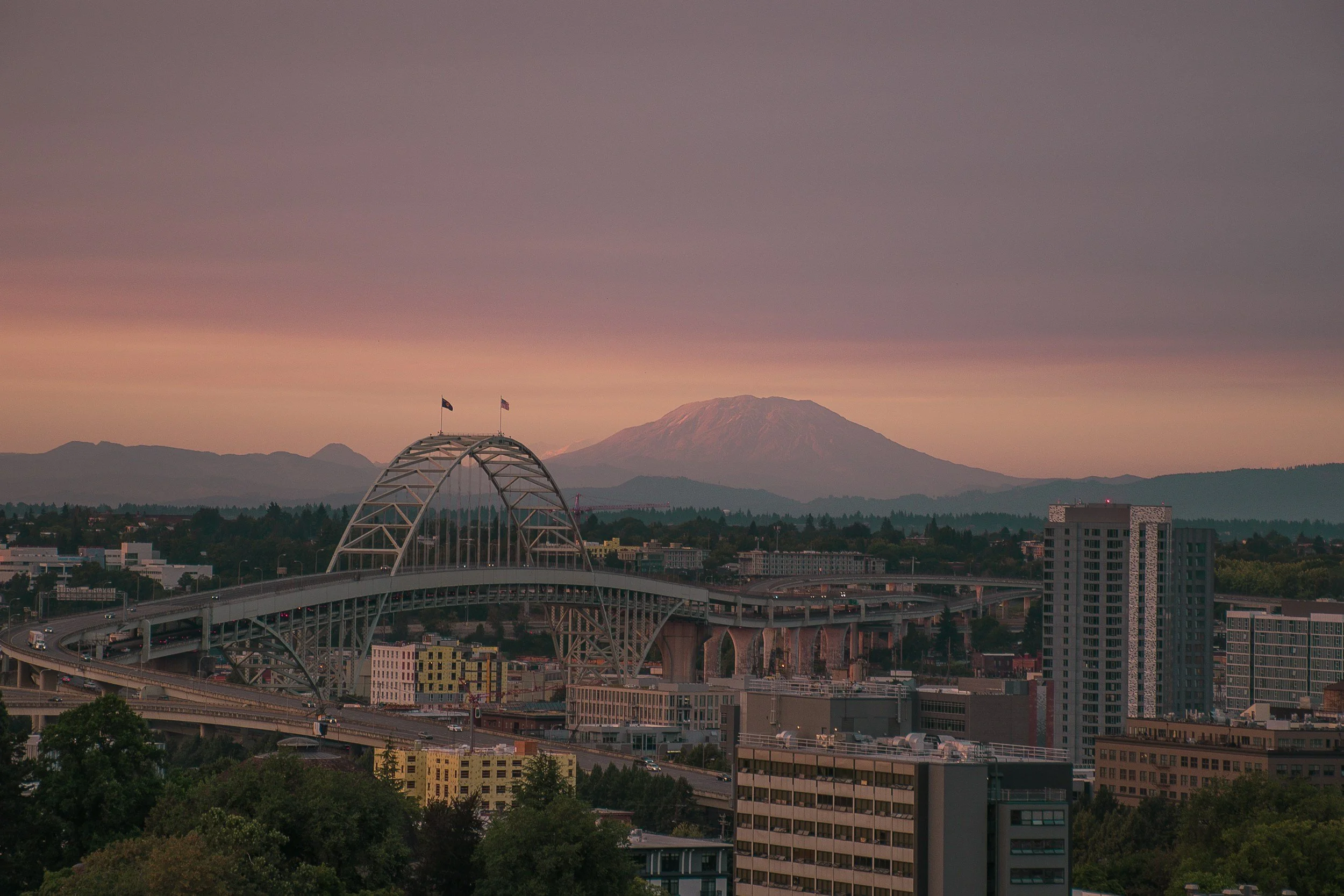 An image of the Freemont Bridge in Portland, OR at sunset