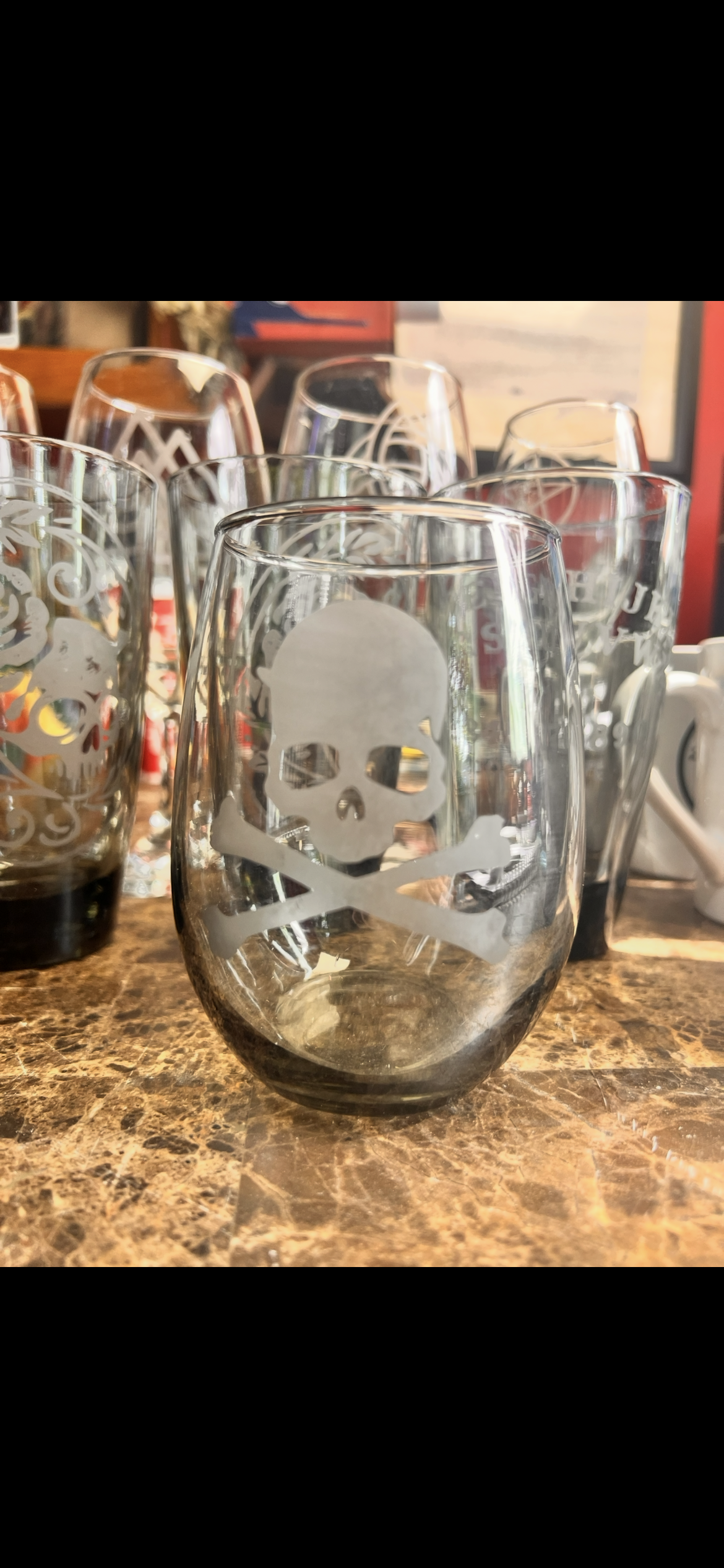 Skull and Crossbones Etched Drinking Glass