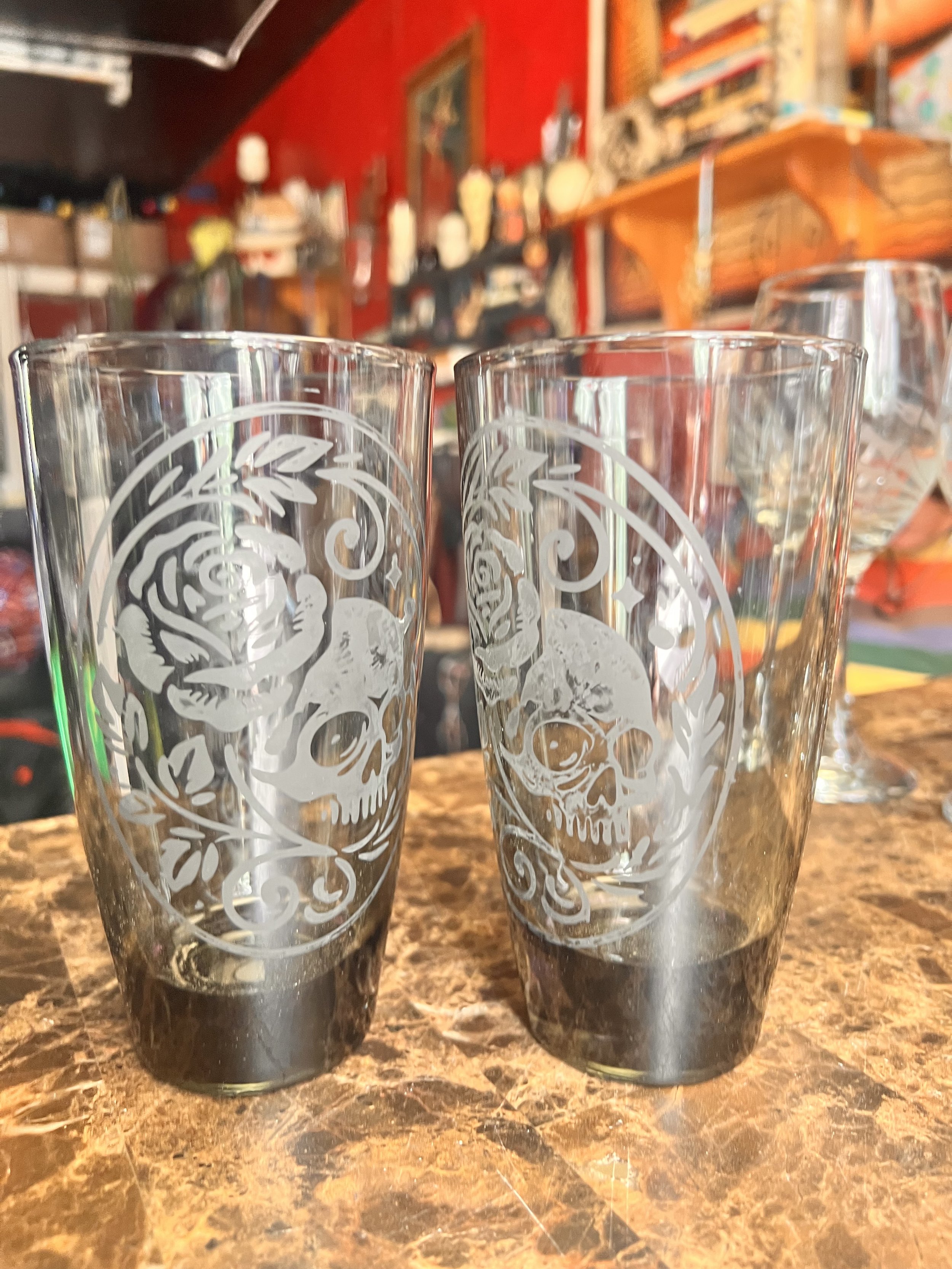 Skull and Rose Etched Drinking Glass