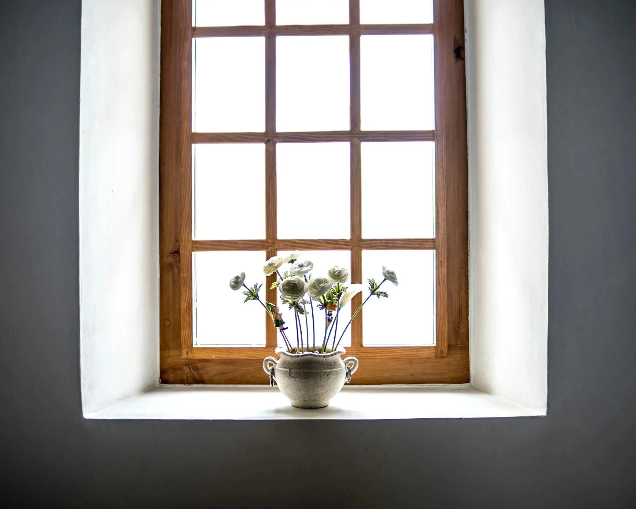 Calming therapy office detail with white flowers and natural light.