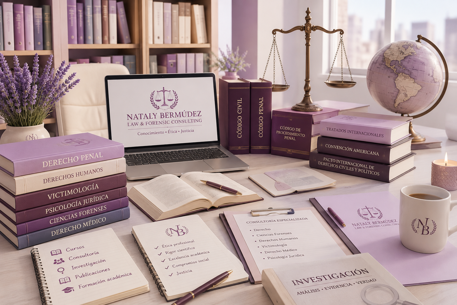 Mesa de estudio con libros de derecho y criminalística, un portátil con el nombre de Nataly Bermúdez, una taza con el logo de la consultora, una vela, una planta de lavanda, un globo terráqueo y una balanza de justicia en decoraciones de oficina elegante y organizada.