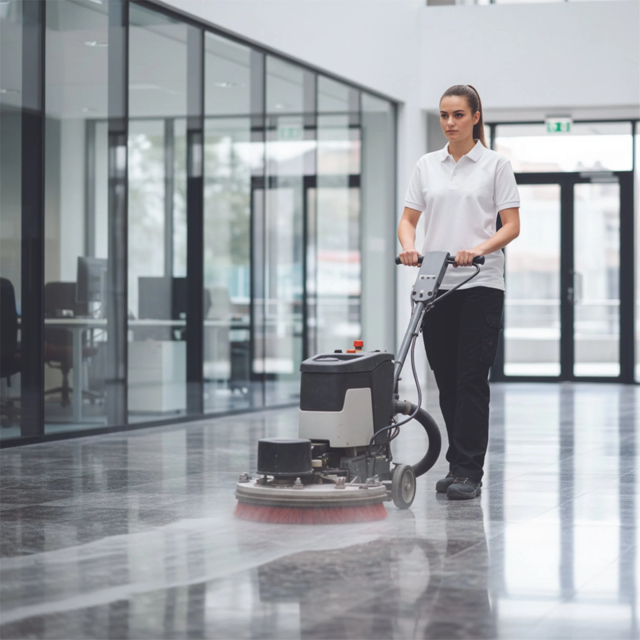 Eine Frauenperson führt eine Bodenreinigungsmaschine in einem modernen Gebäude mit großen Glasfenstern.