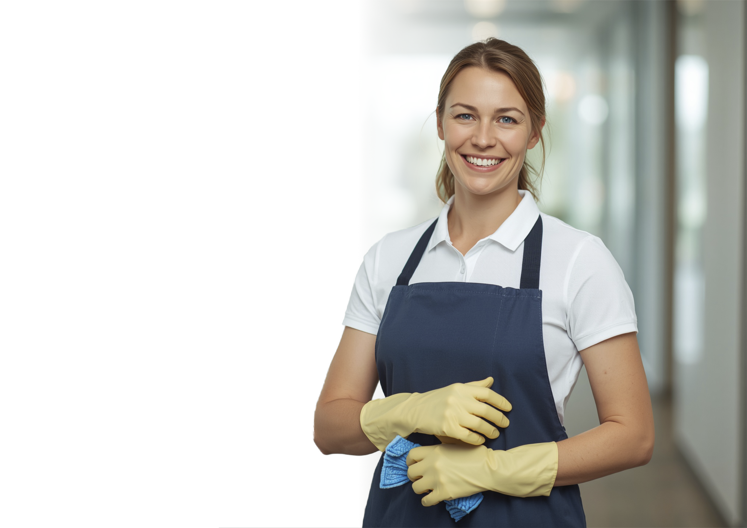 Freundliche junge Frau in Arbeitskleidung mit blauer Schürze und Gummihandschuhen, die in einem hellen, modernen Arbeitsumfeld steht.