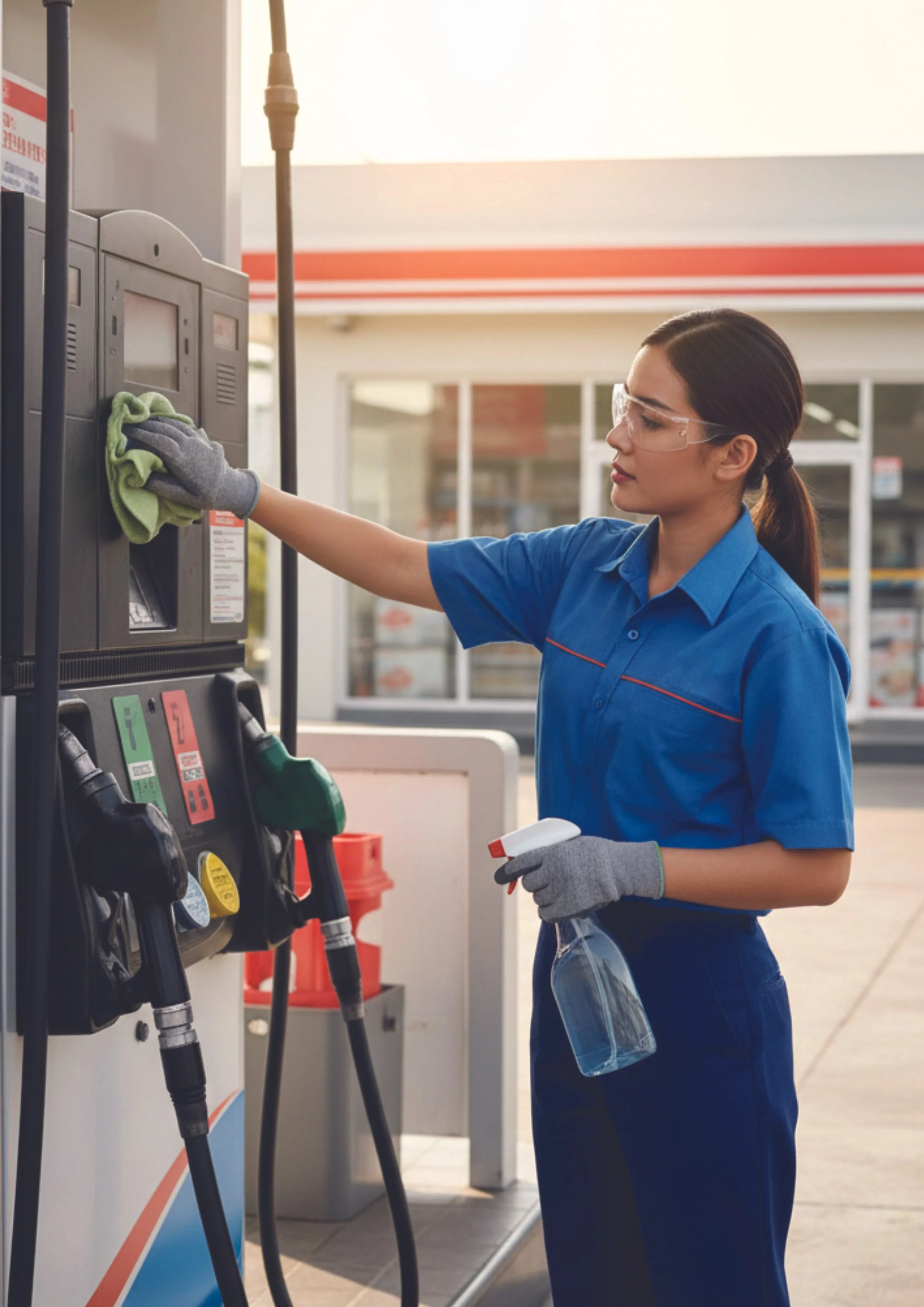Eine Frau in blauer Arbeitsschutzkleidung und Schutzbrille reinigt eine Zapfsäule an einer Tankstelle mit einem Tuch, während sie ein Spray in ihrer Hand hält.