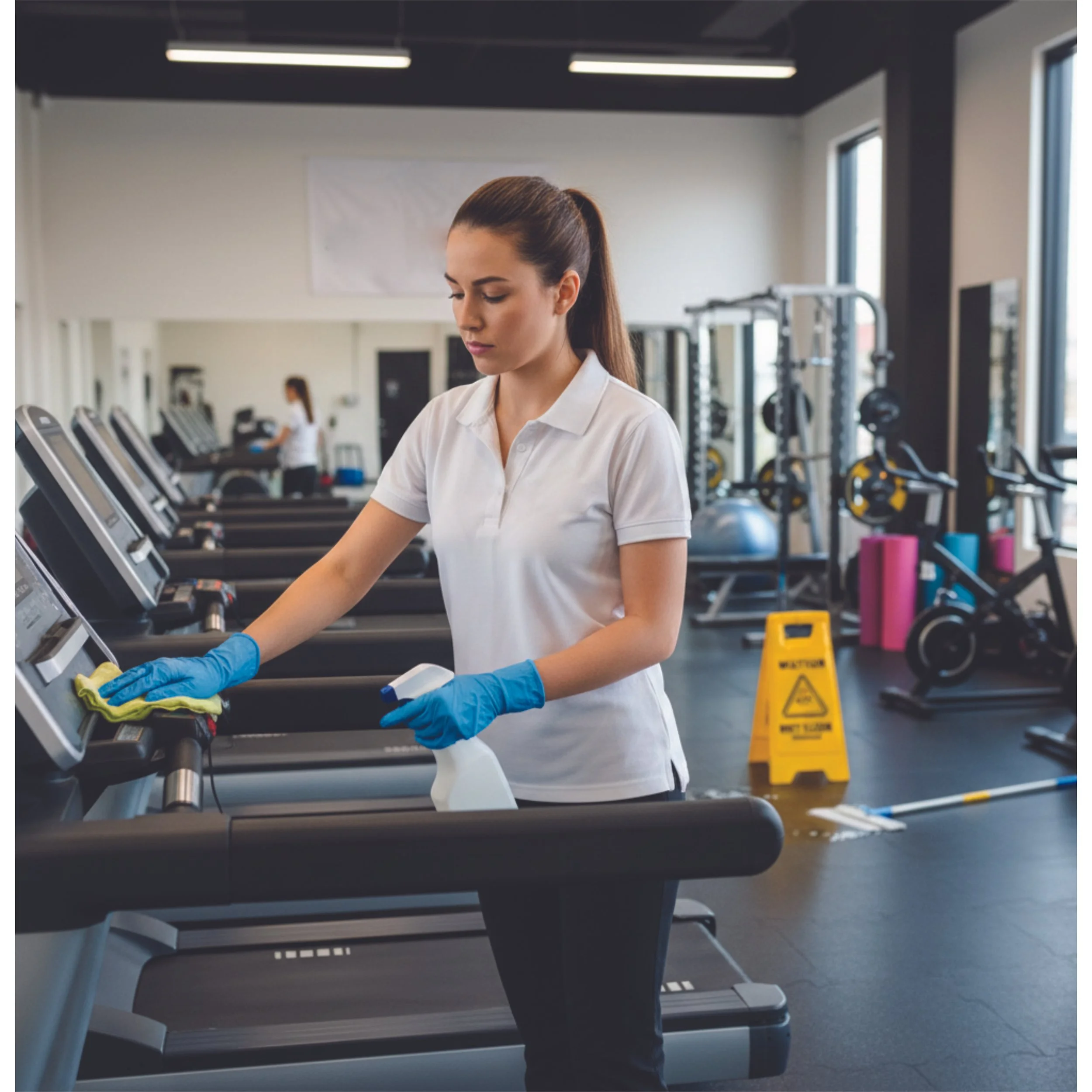 Eine junge Frau mit braunen Haaren und weißem T-Shirt, die auf einem Laufband im Fitnessstudio trainiert, während sie einen schwarzen Wasserstoffsprüher in der Hand hält.