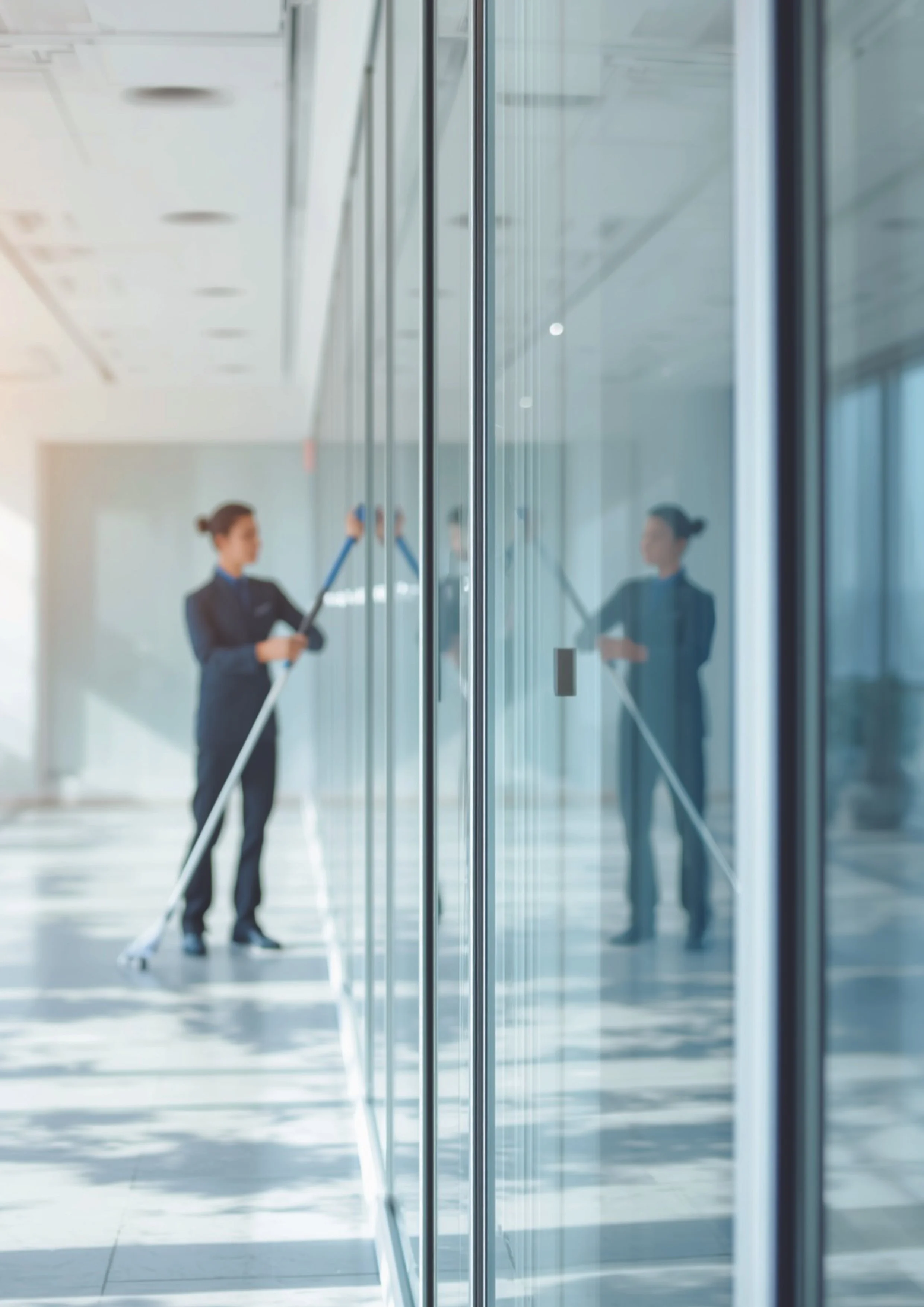 Büromitarbeiter reinigen die Fenster in einem modernen Bürogebäude.