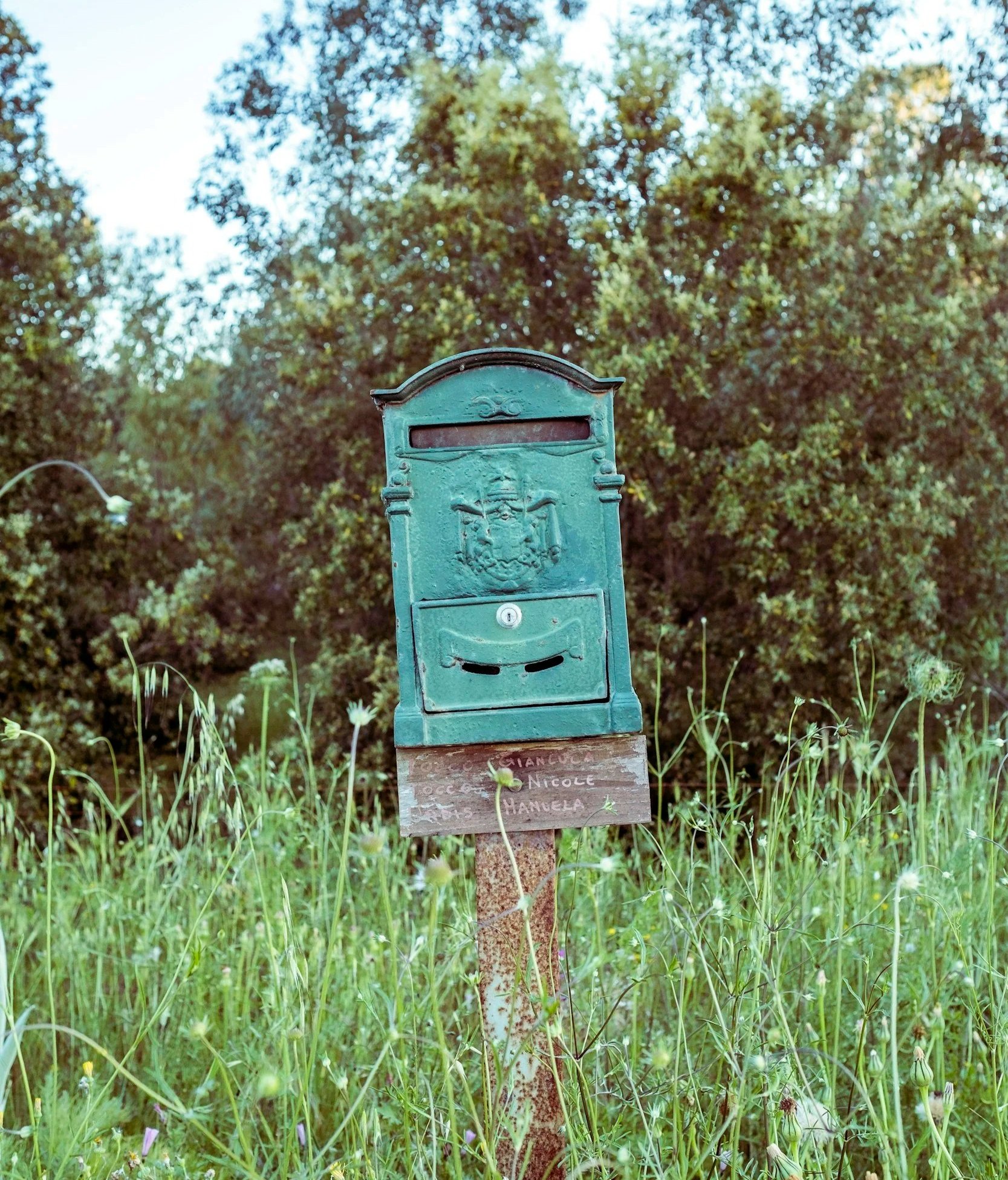 A vintage green mailbox on a rusty metal post in a grassy field with wildflowers, with a sign attached below it.