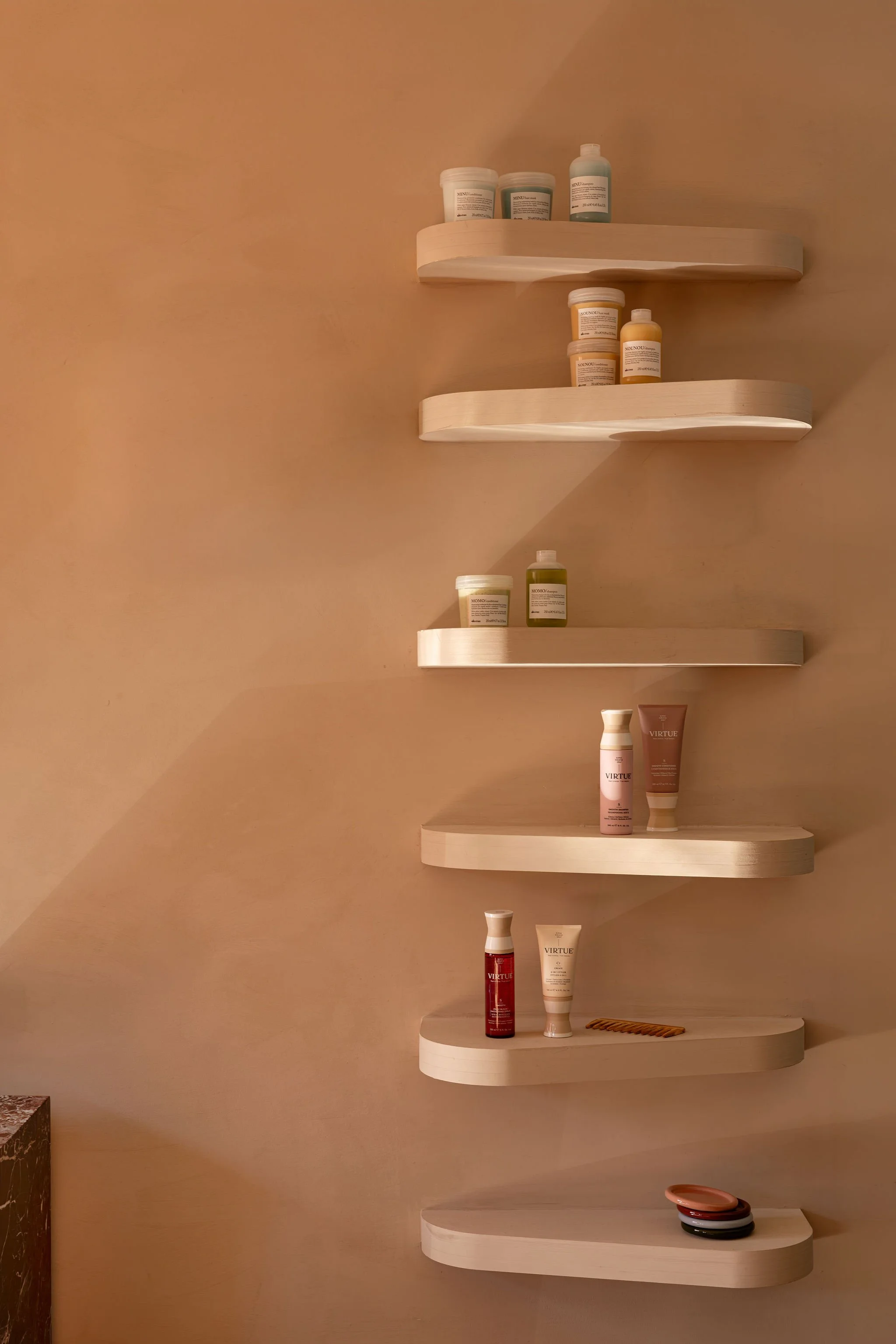 Salon Billy product display shelves.